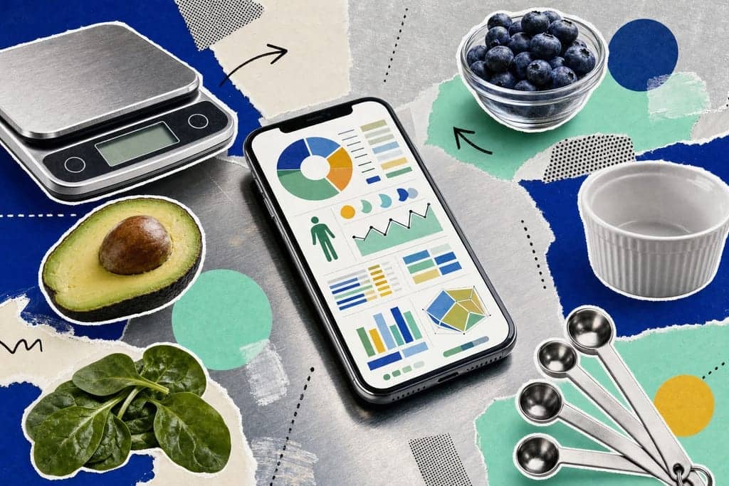 Editorial mixed-media collage of a sleek smartphone displaying an abstract food-tracking dashboard made only of colorful charts, barcode-like blocks, generic nutrient icons, and clean data tiles with absolutely no readable text as the unmistakable central subject, viewed from a dramatic high three-quarter close angle on a cool stainless-steel prep counter in a modern test kitchen, at crisp early-morning light with a focused, innovative, slightly futuristic atmosphere; surrounding the phone are carefully arranged cut-out photographic elements of a digital kitchen scale, a halved avocado, a small glass bowl of blueberries, loose spinach leaves, measuring spoons, and a plain white ceramic ramekin, all orbiting the device in a dynamic asymmetrical composition; background built from layered torn-paper fields in cobalt blue, fresh mint, soft silver, and pale cream, accented with halftone scraps, bold geometric flat-colour circles, sketched arrows, dotted measurement lines, and subtle glue-stick smears; sharp tactile paper grain, refined shadows, energetic editorial rhythm, no characters, no humans, no text.