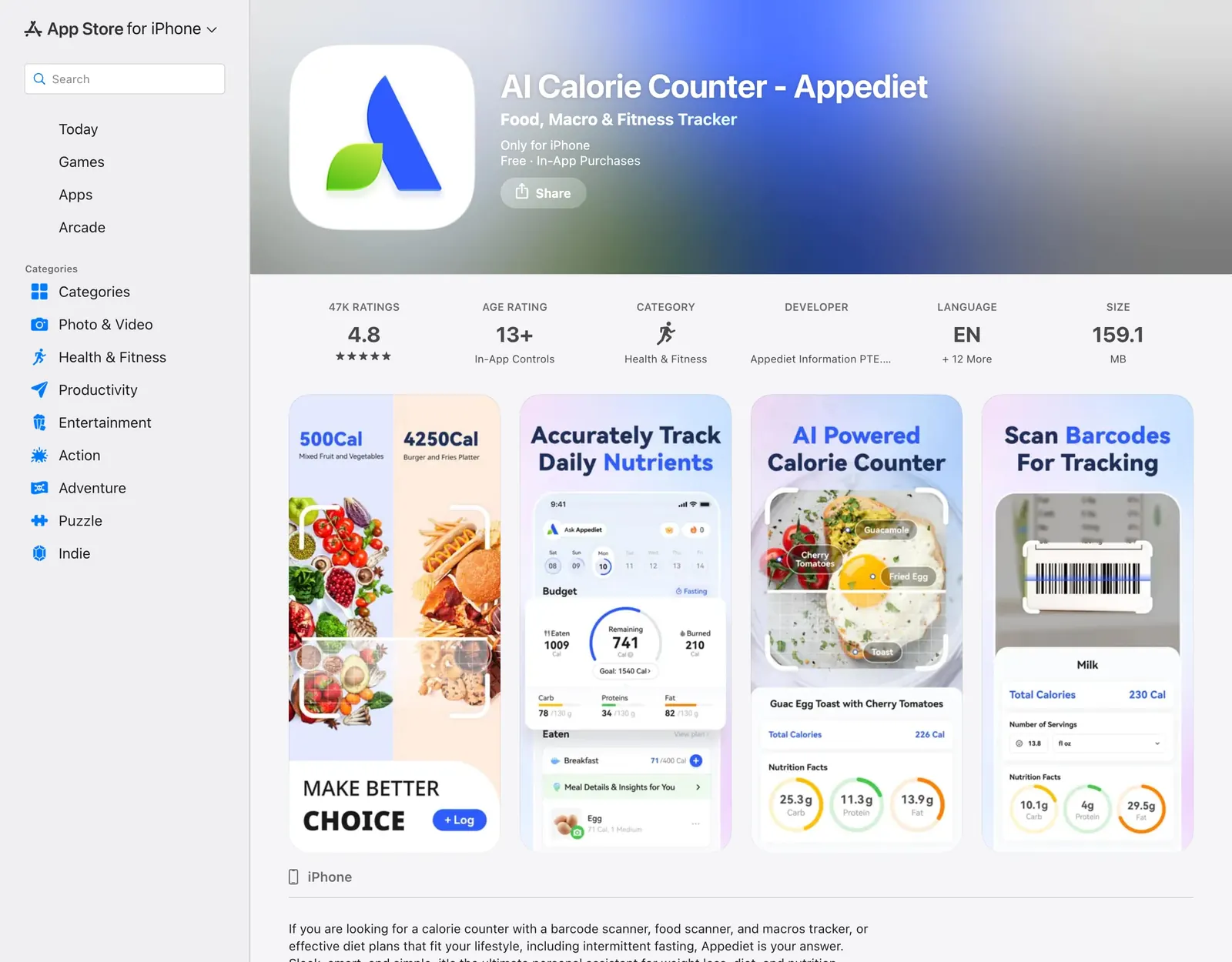 Appediet App Store page showing 4.8 stars from 47K ratings and screenshots of the daily budget, the AI photo calorie counter and the barcode scanner