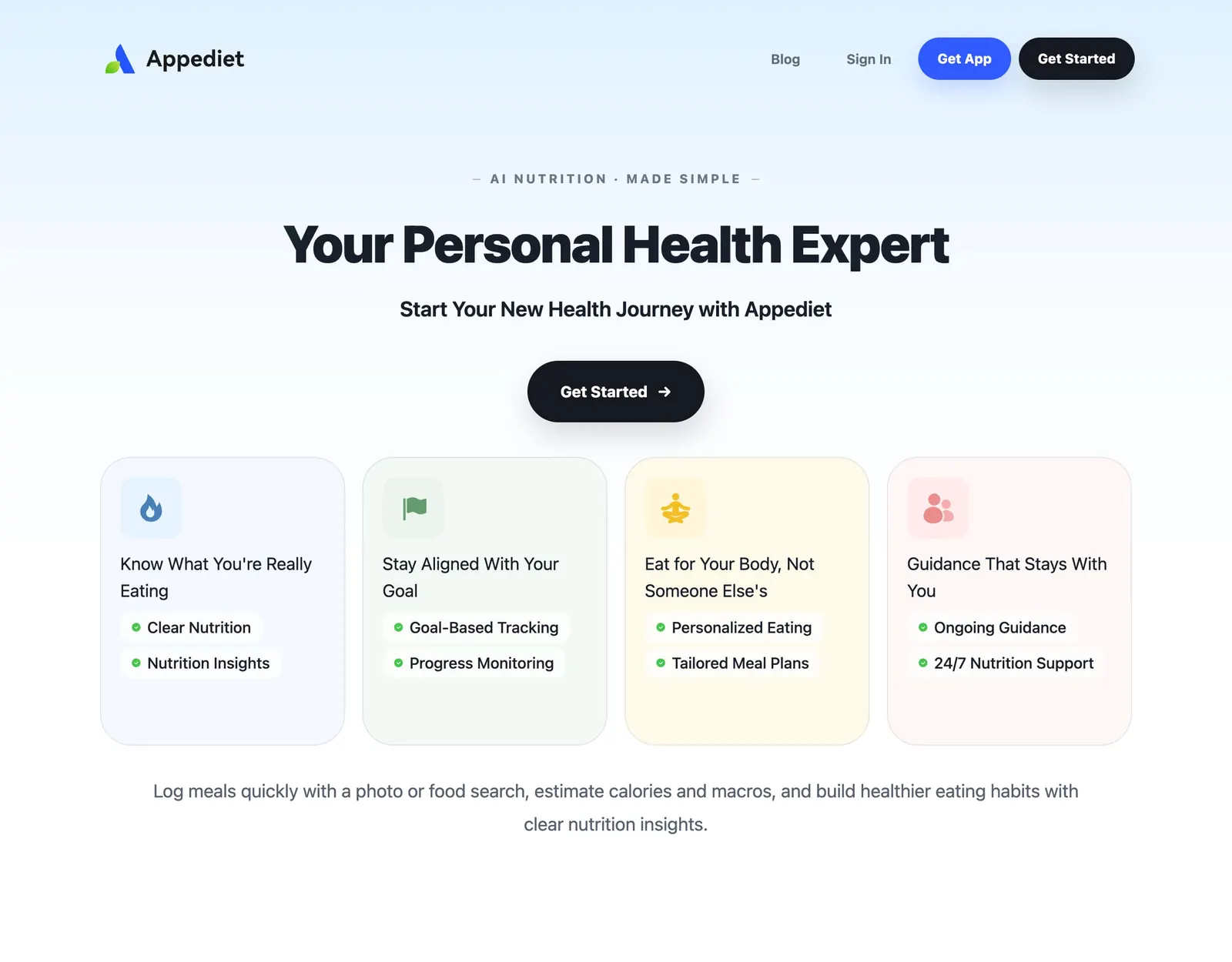 Appediet homepage with the headline Your Personal Health Expert, a Get Started button and cards for nutrition insights, goal tracking, meal plans and 24/7 nutrition support