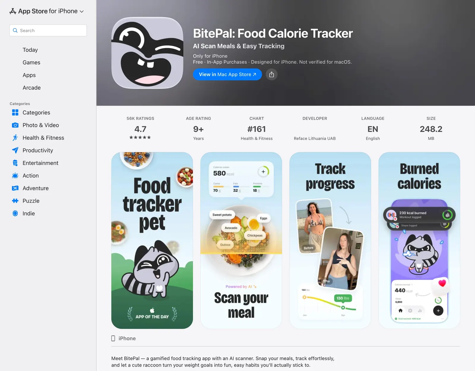 BitePal on the US App Store with 56K ratings averaging 4.7 and screenshots of the food tracker pet, a meal scan, progress tracking and burned calories