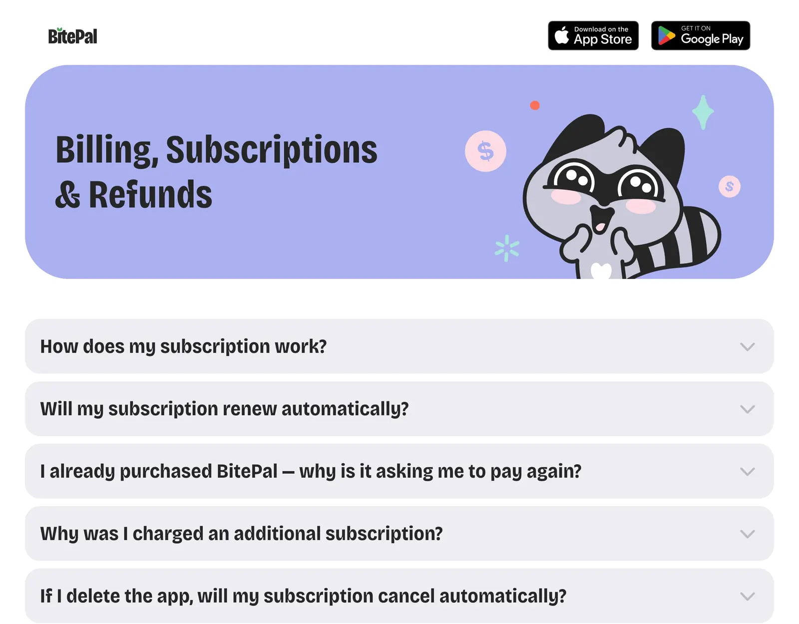BitePal help center page on billing, subscriptions and refunds, with questions about renewals, being asked to pay again and extra subscription charges
