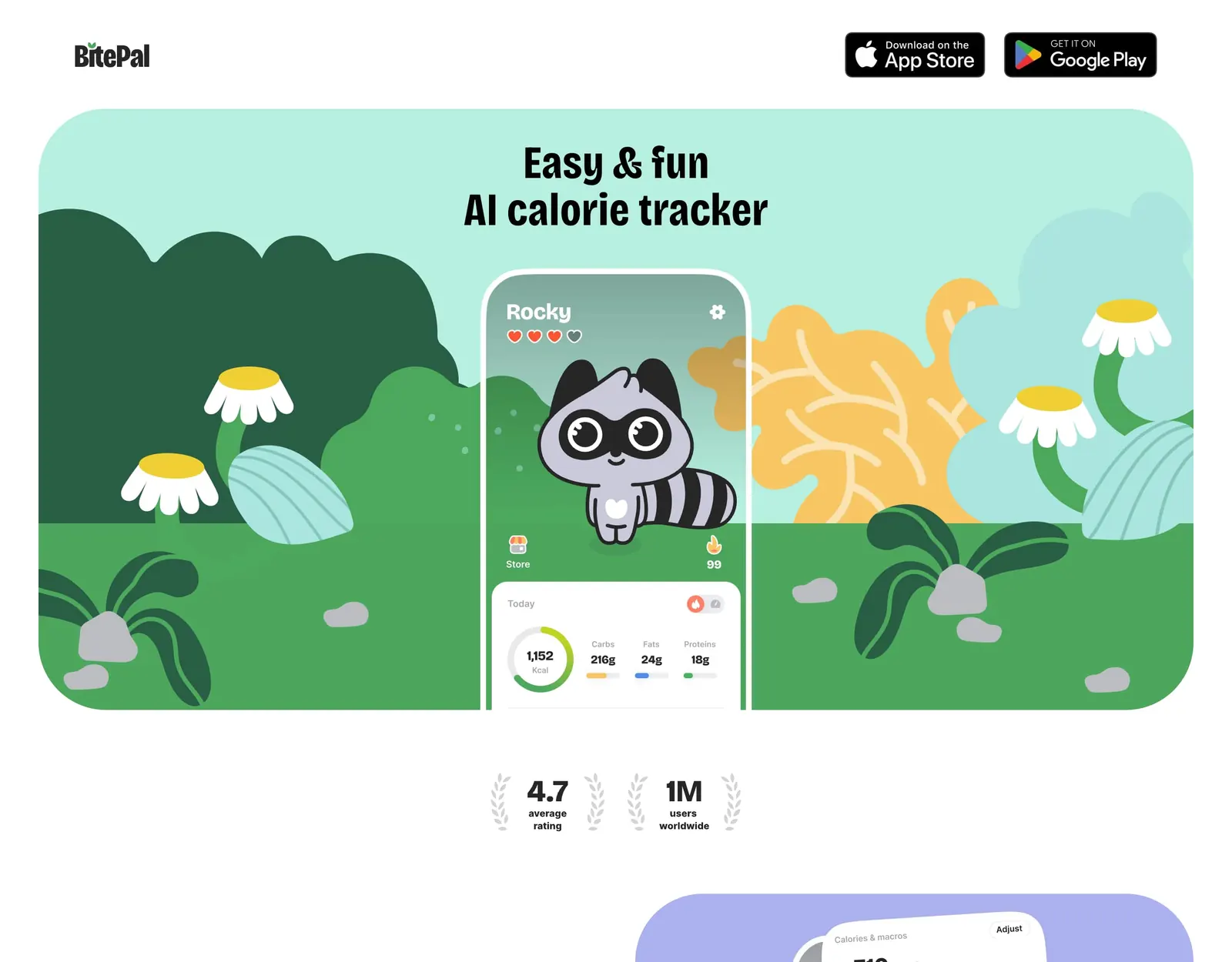 BitePal homepage reading Easy and fun AI calorie tracker, with a raccoon named Rocky above a daily summary of 1,152 kcal and carbs, fats and proteins