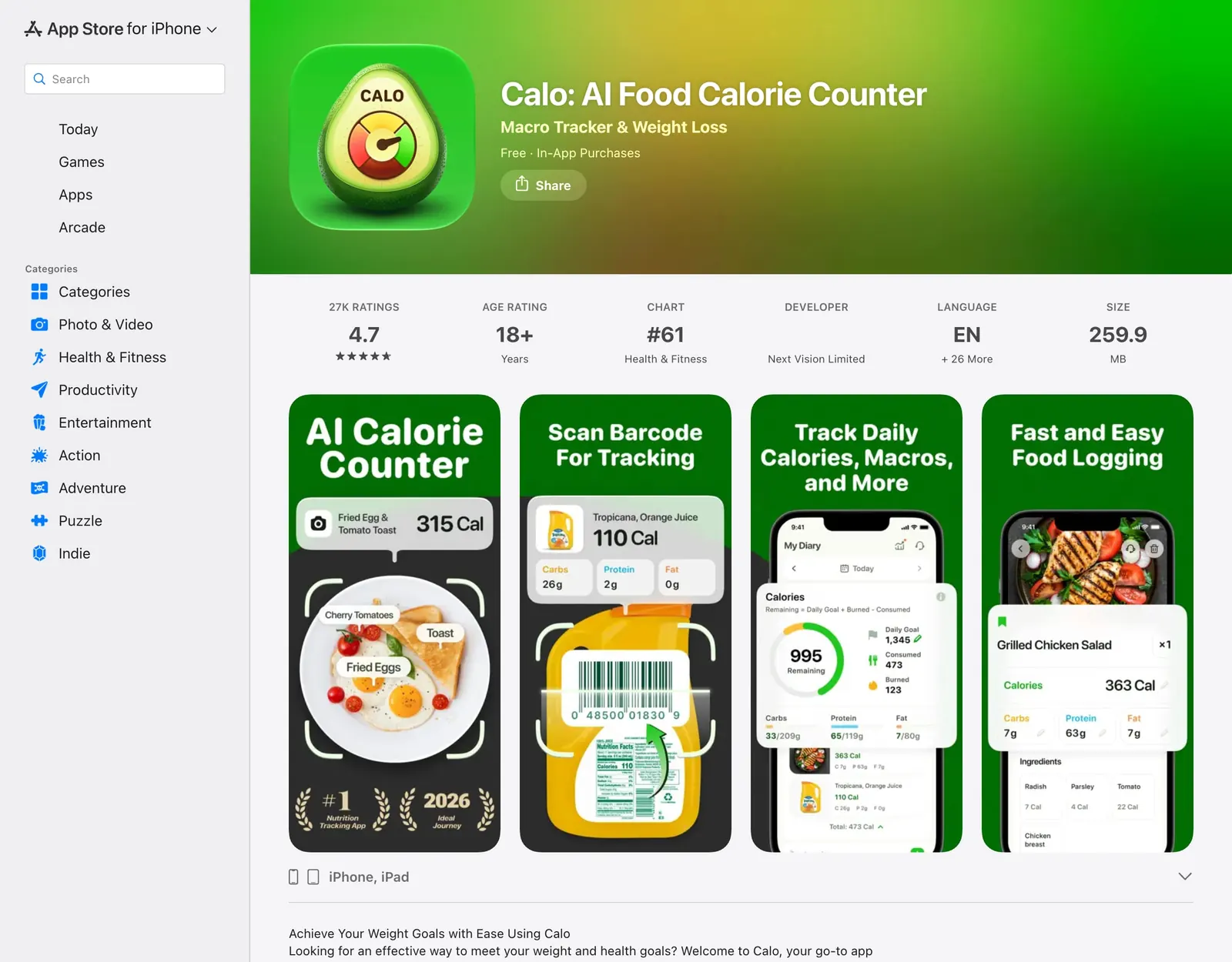Calo AI Food Calorie Counter on the US App Store with 27K ratings averaging 4.7, an 18+ age rating and screenshots of photo, barcode and diary screens