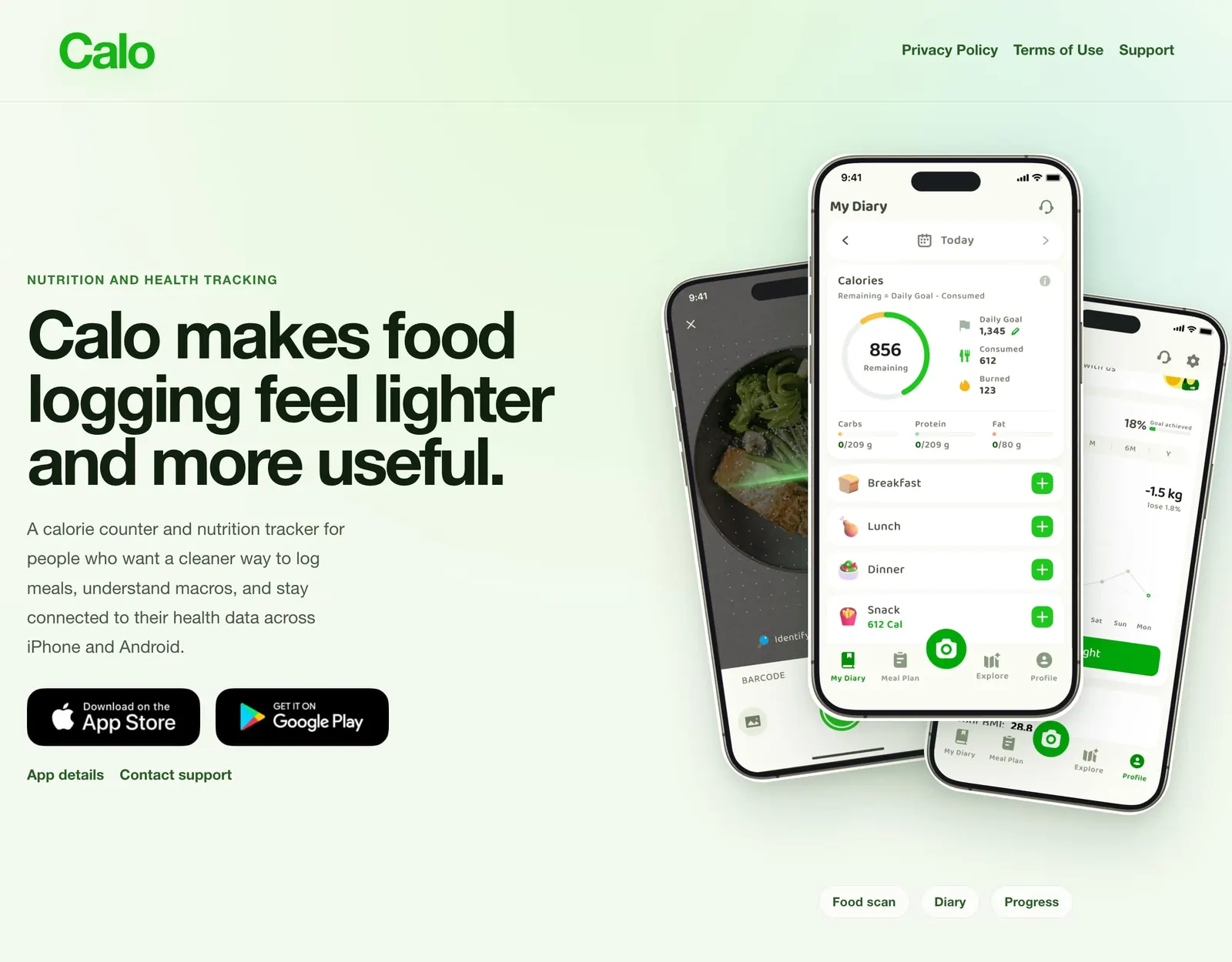Calo homepage reading Calo makes food logging feel lighter and more useful, with phones showing a food scan, the My Diary screen and weight progress