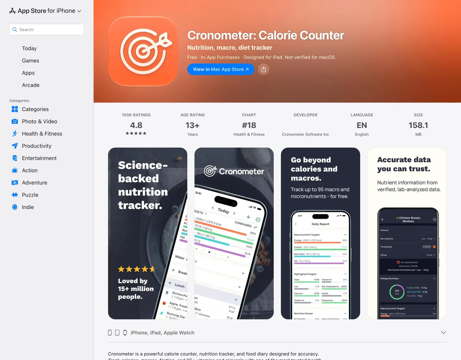 Cronometer on the US App Store with 100K ratings averaging 4.8, and screenshots showing up to 95 macro and micronutrients tracked for free and lab-analyzed data