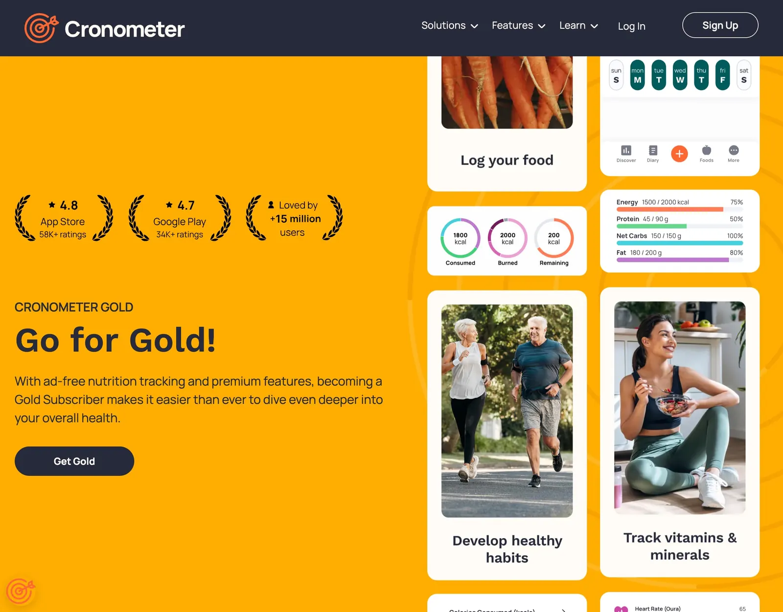 Cronometer Gold page reading Go for Gold, describing ad-free nutrition tracking and premium features, with a Get Gold button