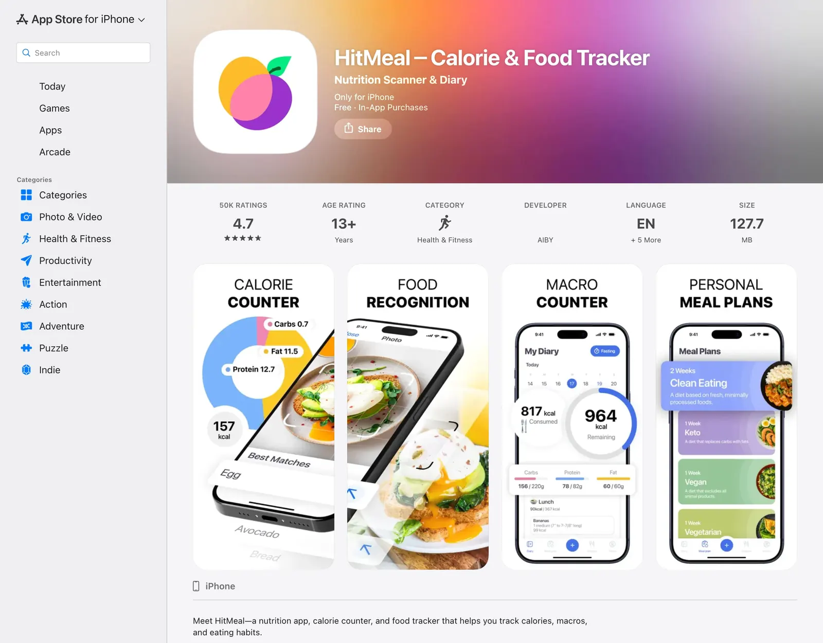 HitMeal App Store page showing 4.7 stars from 50K ratings and screenshots for calorie counter, food recognition, macro counter and personal meal plans