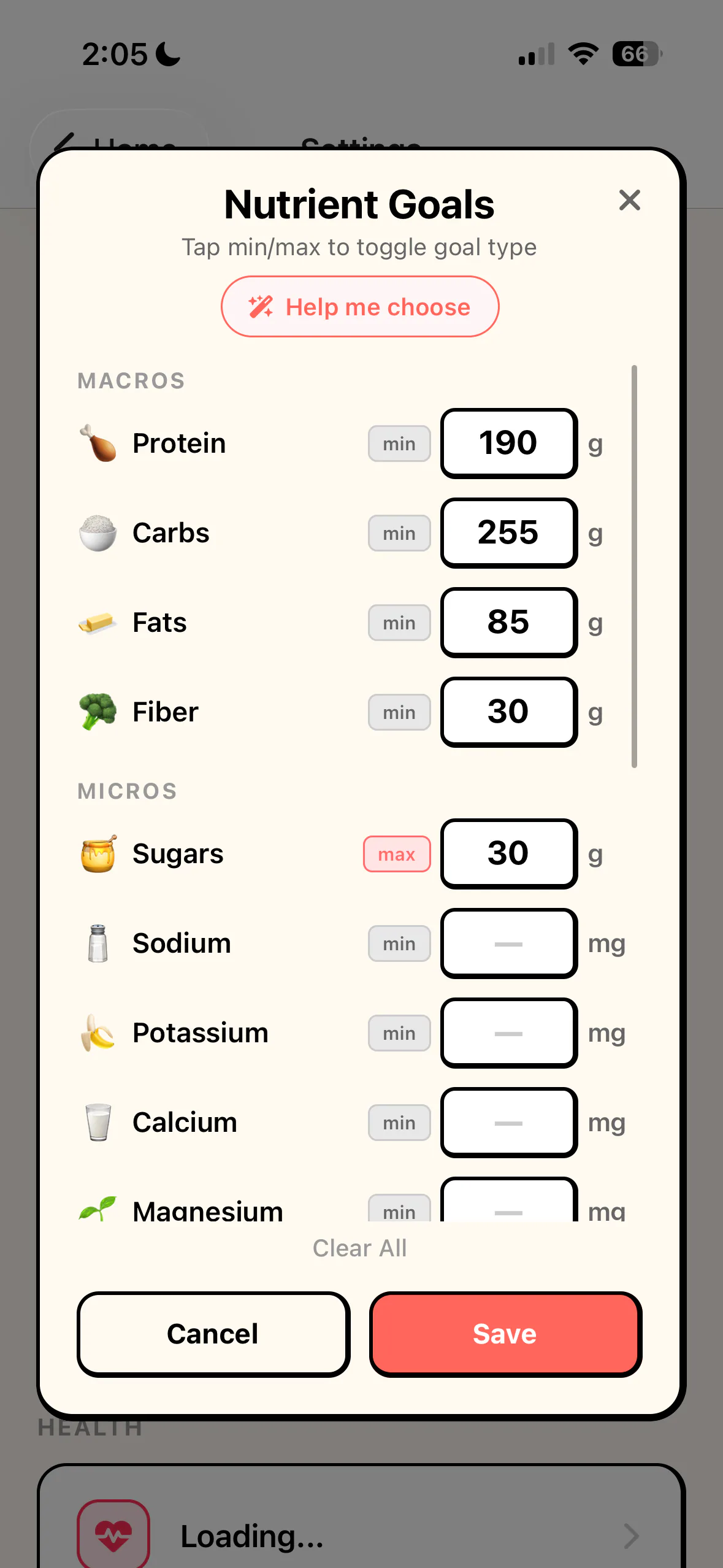 Custom nutrition goals