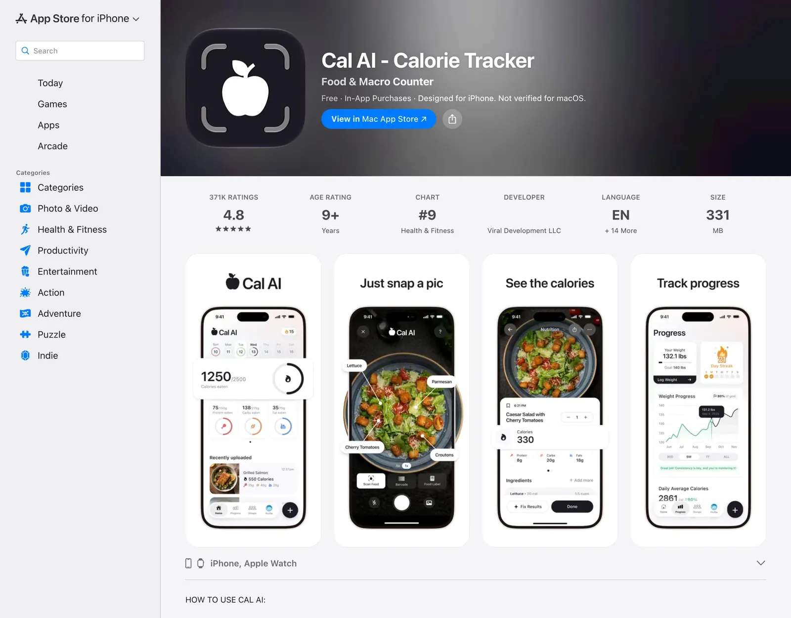 Cal AI on the US App Store with 371K ratings averaging 4.8 and screenshots of the food scanner, a Caesar salad nutrition card and a progress screen