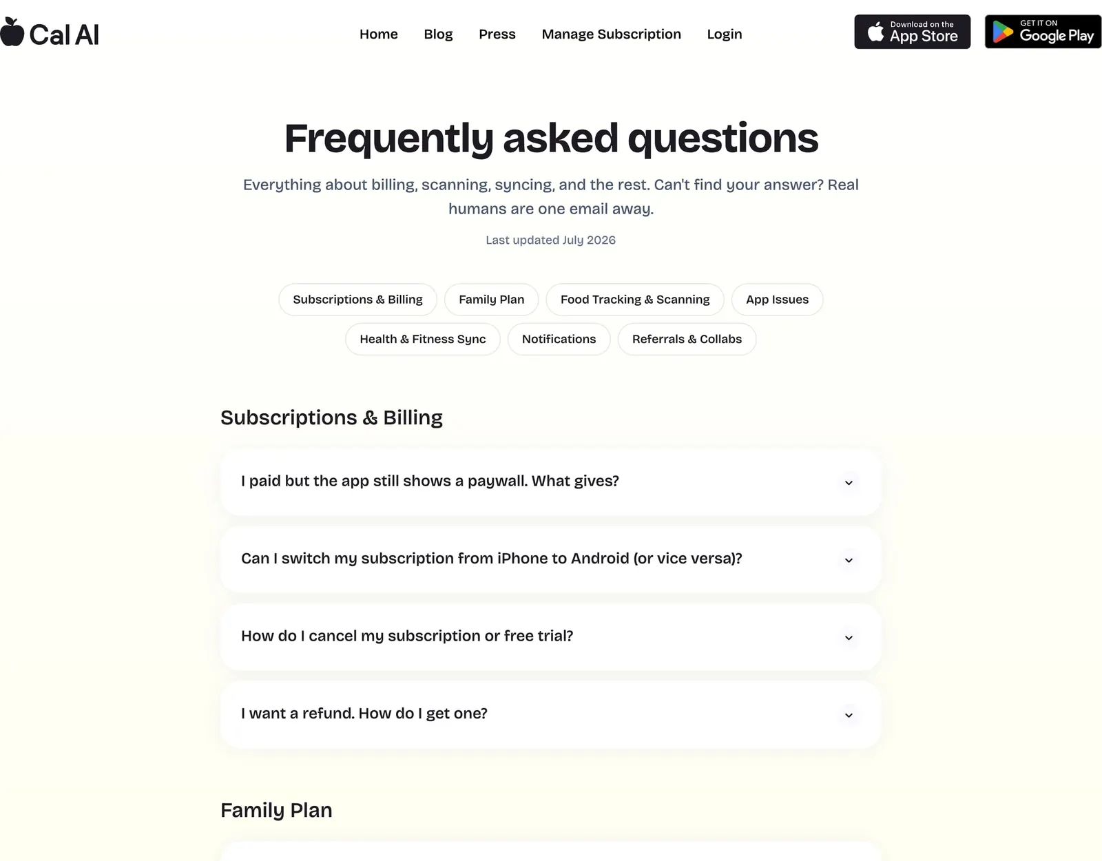 Cal AI FAQ page, last updated July 2026, with questions about the paywall, switching between iPhone and Android, cancelling and refunds