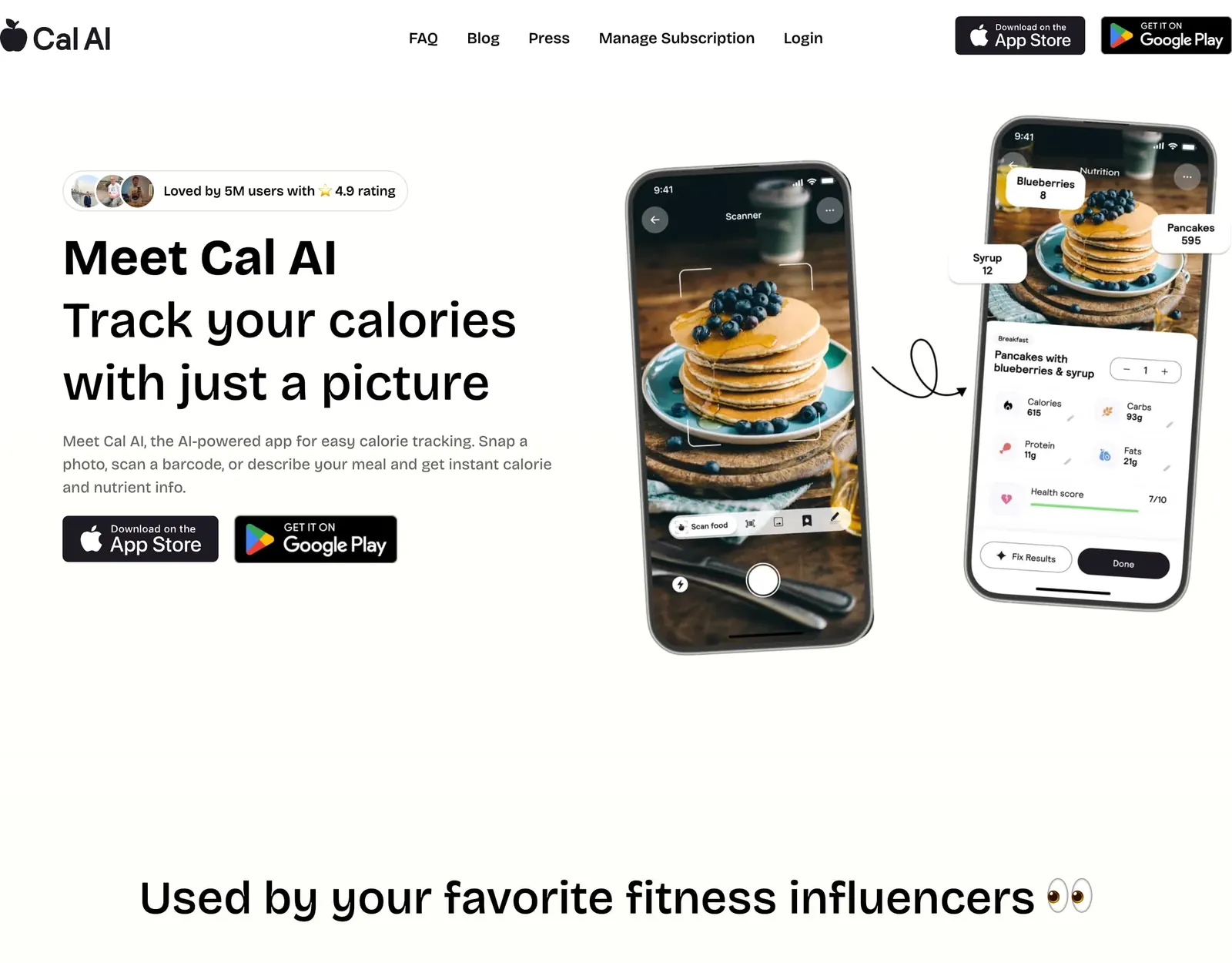 Cal AI homepage reading Track your calories with just a picture, next to a phone scanning a stack of blueberry pancakes and a nutrition card showing 615 calories