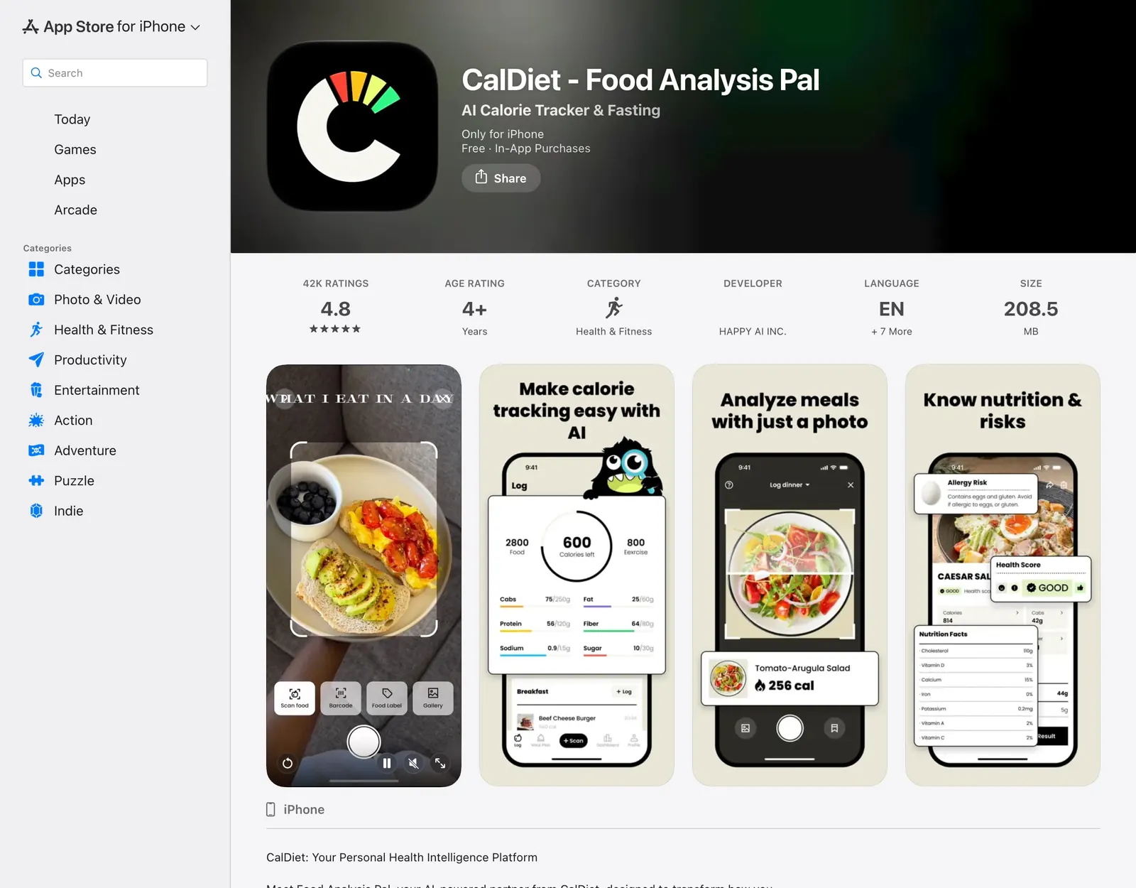 CalDiet Food Analysis Pal App Store page showing 4.8 stars from 42K ratings and screenshots of photo scanning, the calorie dashboard and a health score with nutrition facts