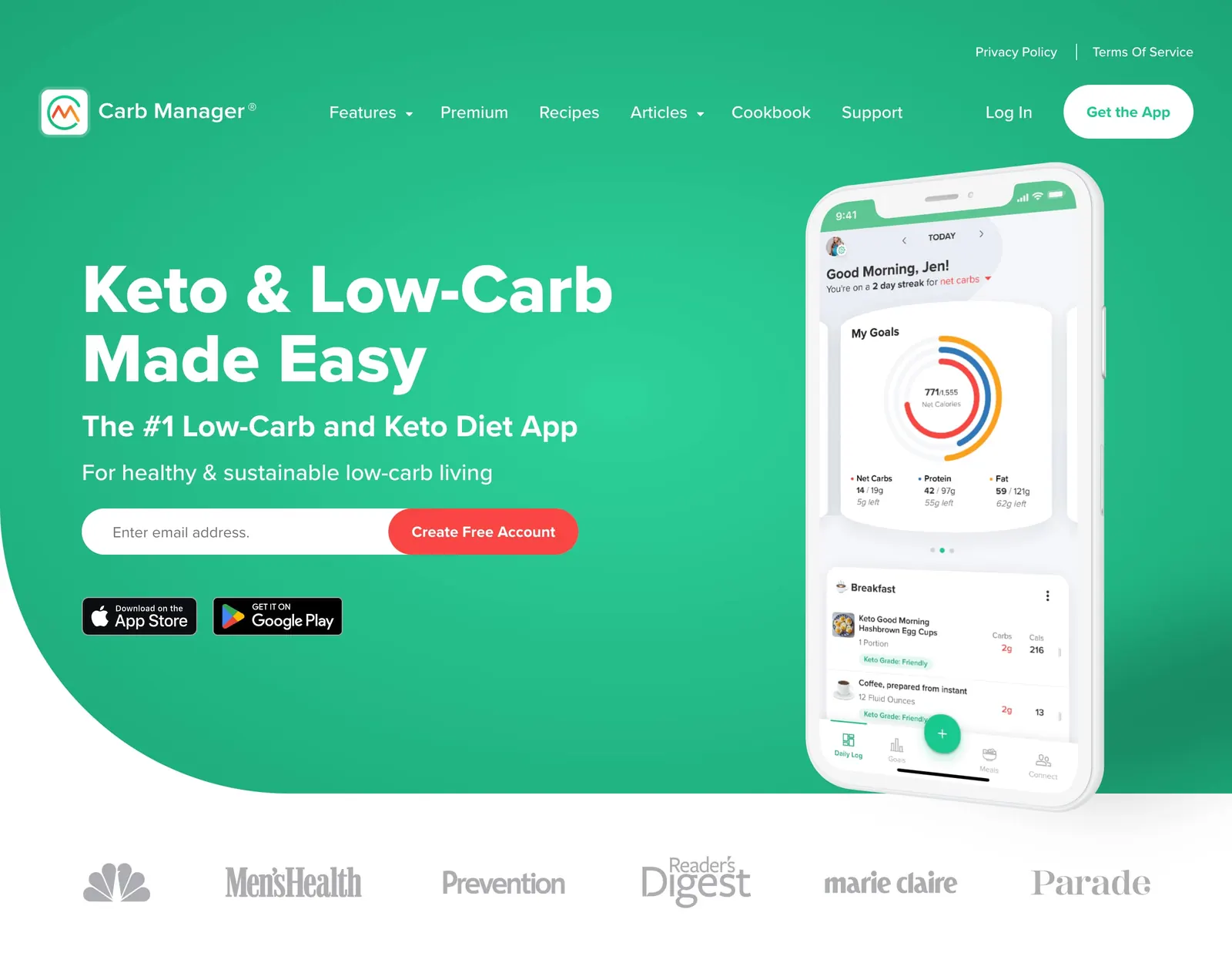 Carb Manager homepage reading Keto and Low-Carb Made Easy, with a phone showing net carbs, protein and fat goals and a breakfast log