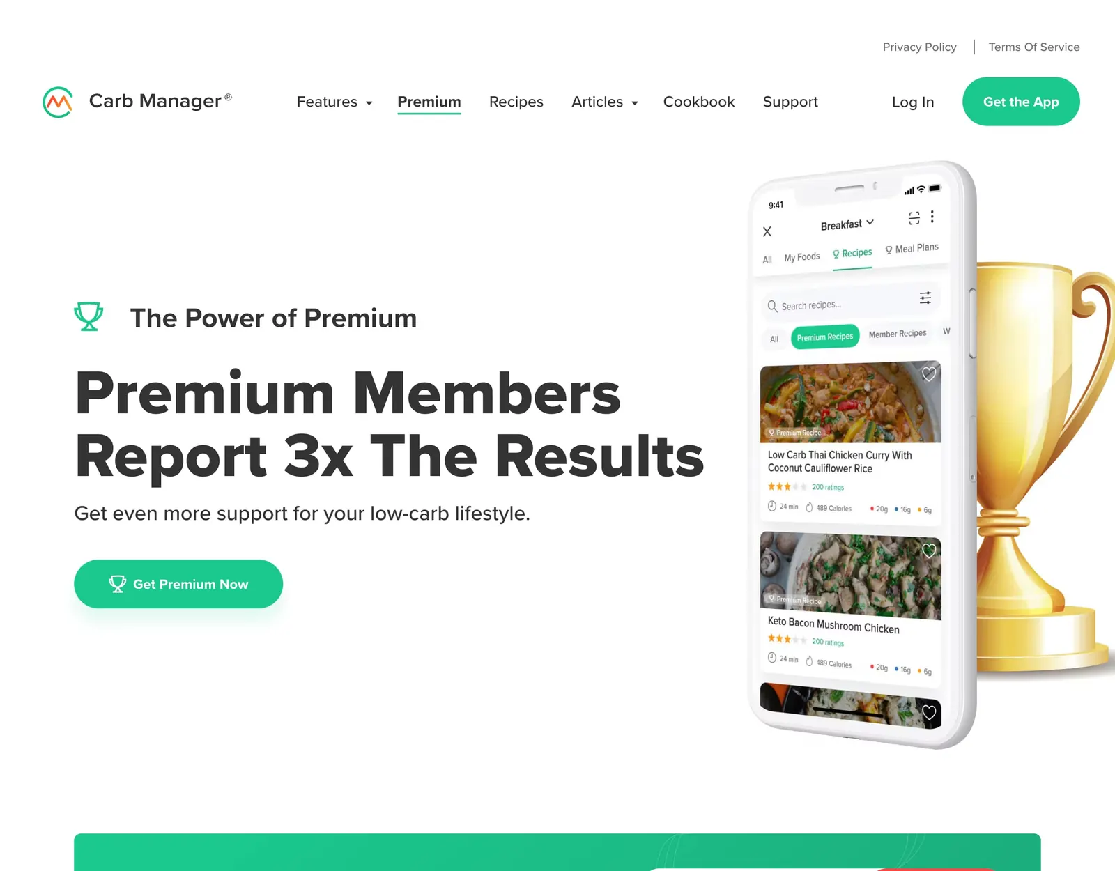 Carb Manager Premium page headed Premium Members Report 3x The Results, with a phone showing Premium recipes and meal plans