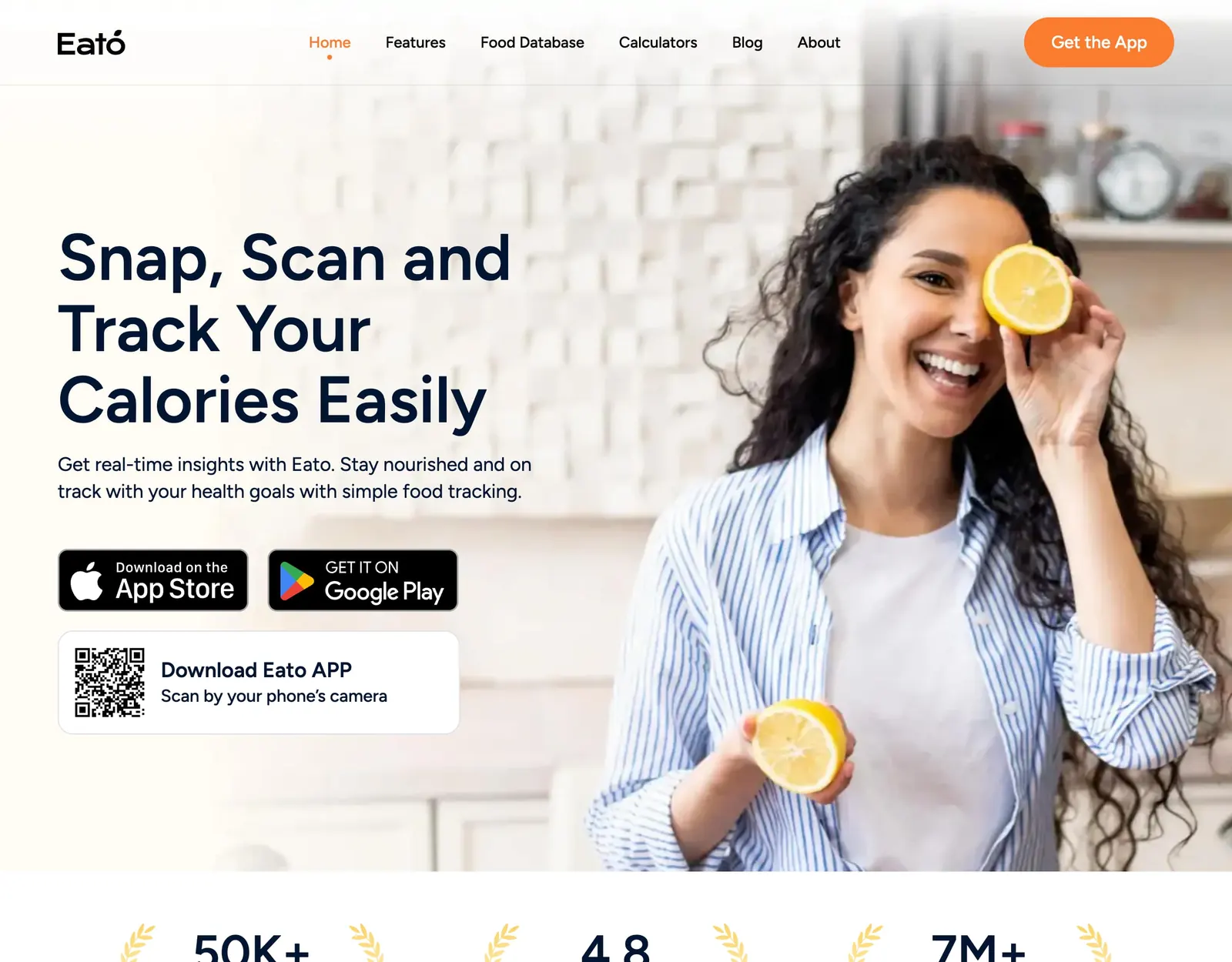 Eato homepage reading Snap, Scan and Track Your Calories Easily, with App Store and Google Play buttons and a QR code to download the app