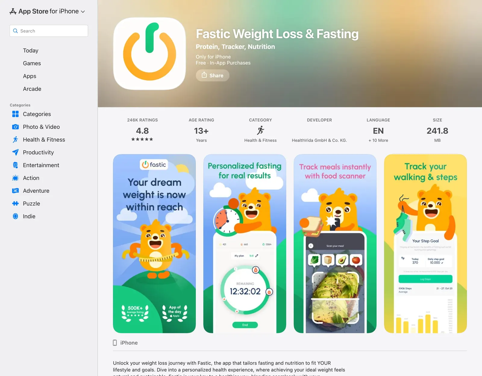 Fastic Weight Loss and Fasting on the App Store with 246K ratings averaging 4.8 and screenshots of a fasting timer, the food scanner and a step goal