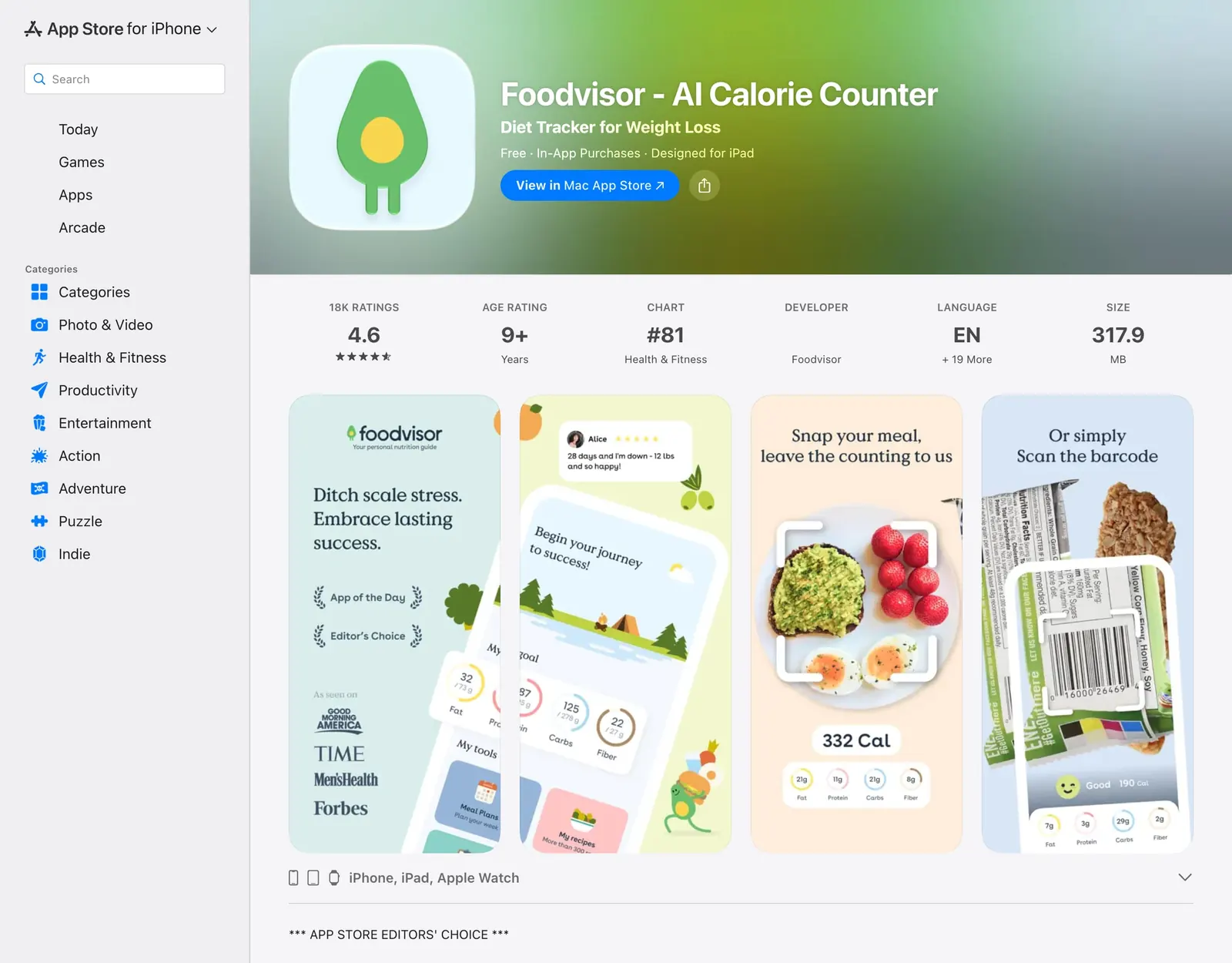 Foodvisor on the US App Store with 18K ratings averaging 4.6 and screenshots for photo meal scanning and barcode scanning