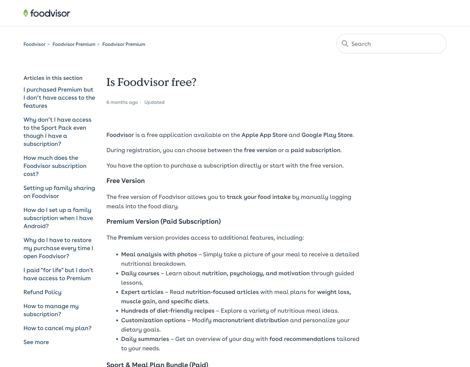 Foodvisor help center article Is Foodvisor free, listing manual logging in the free version and photo meal analysis, courses and recipes in Premium
