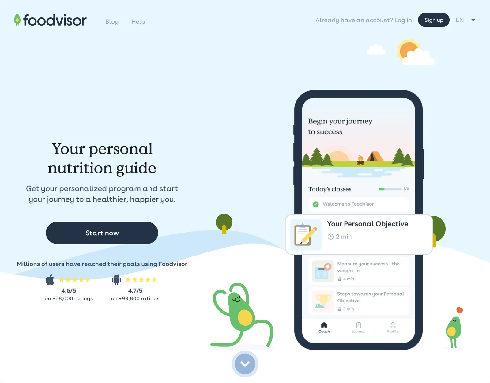 Foodvisor homepage reading Your personal nutrition guide, with a phone showing the Coach tab and its daily classes, and store ratings of 4.6 and 4.7