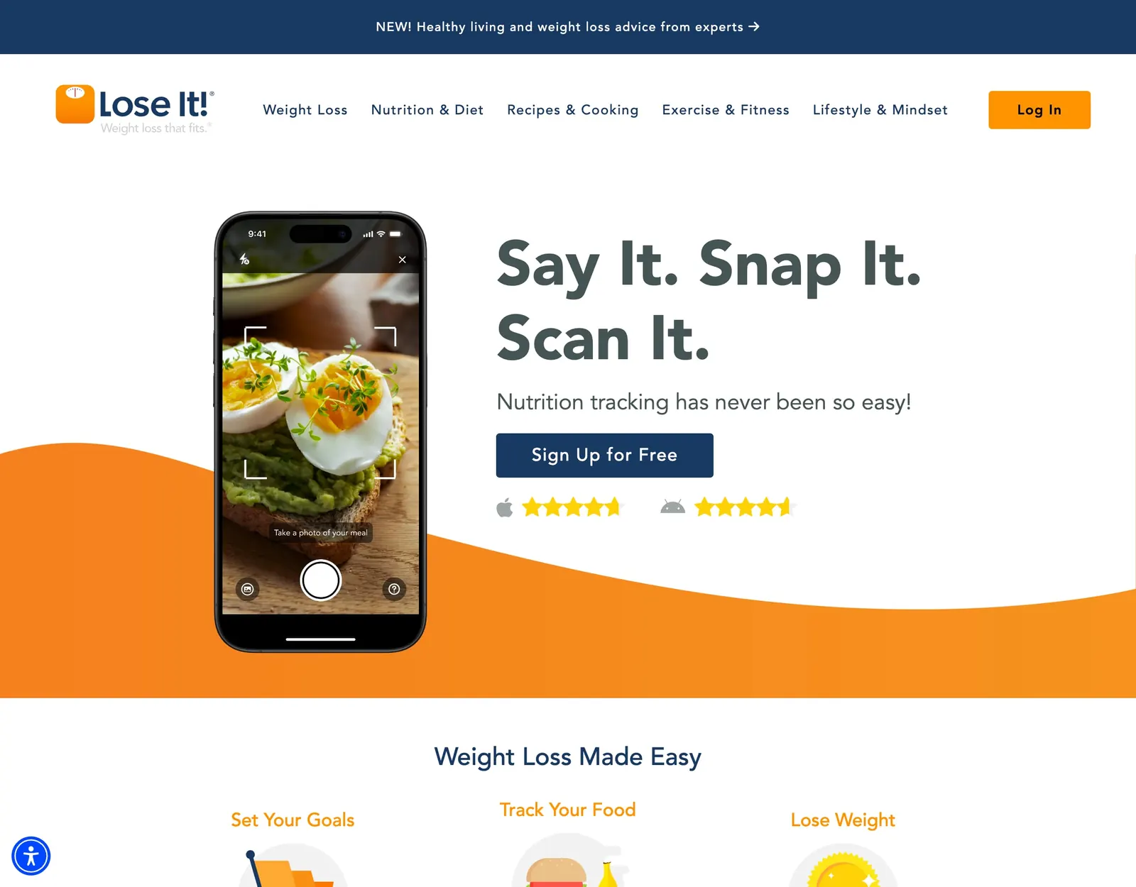 Lose It! homepage reading Say It. Snap It. Scan It. next to a phone camera framing a plate of eggs on avocado toast, with a Sign Up for Free button