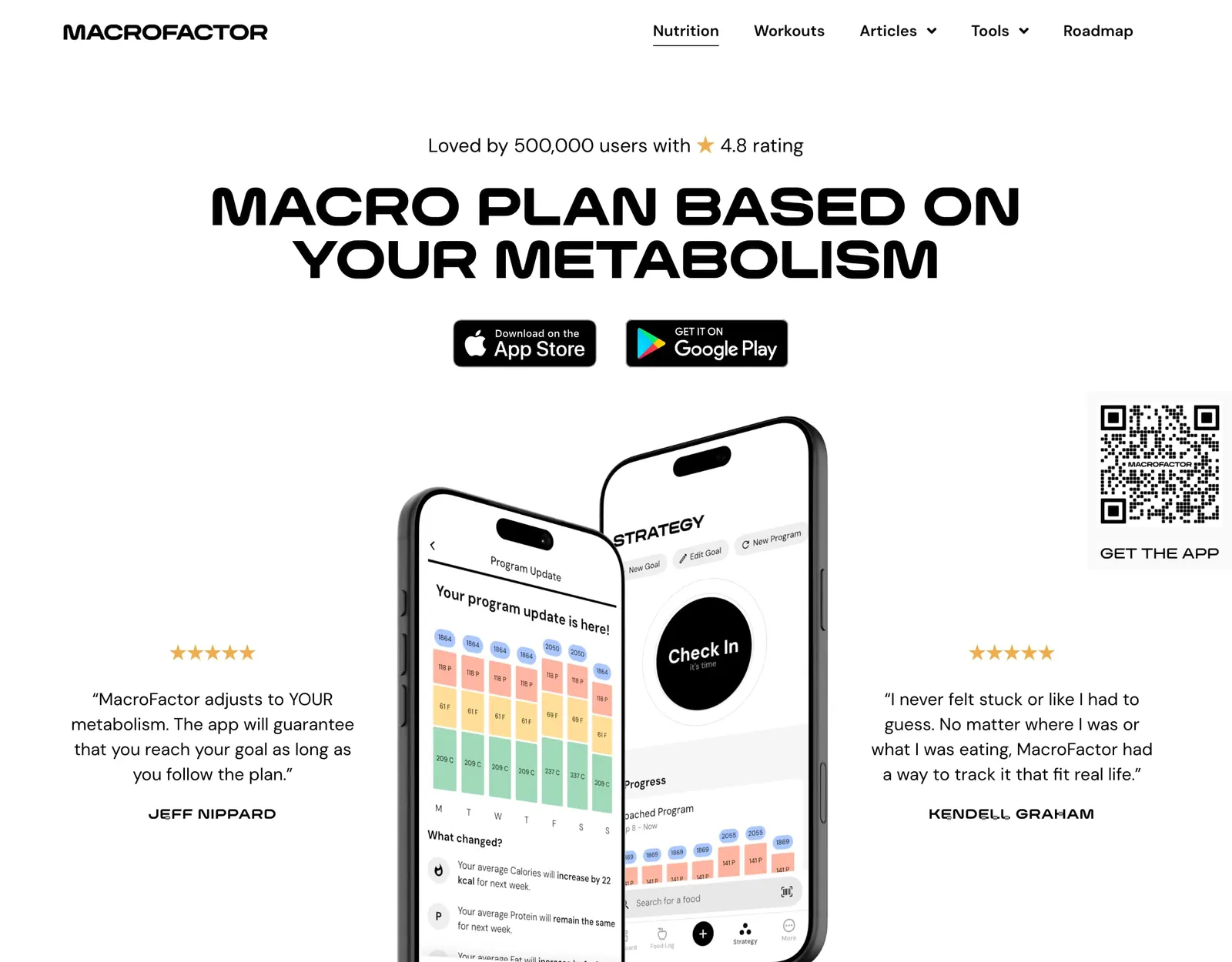 MacroFactor Nutrition page reading Macro Plan Based on Your Metabolism, with phones showing a weekly program update and a Check In button