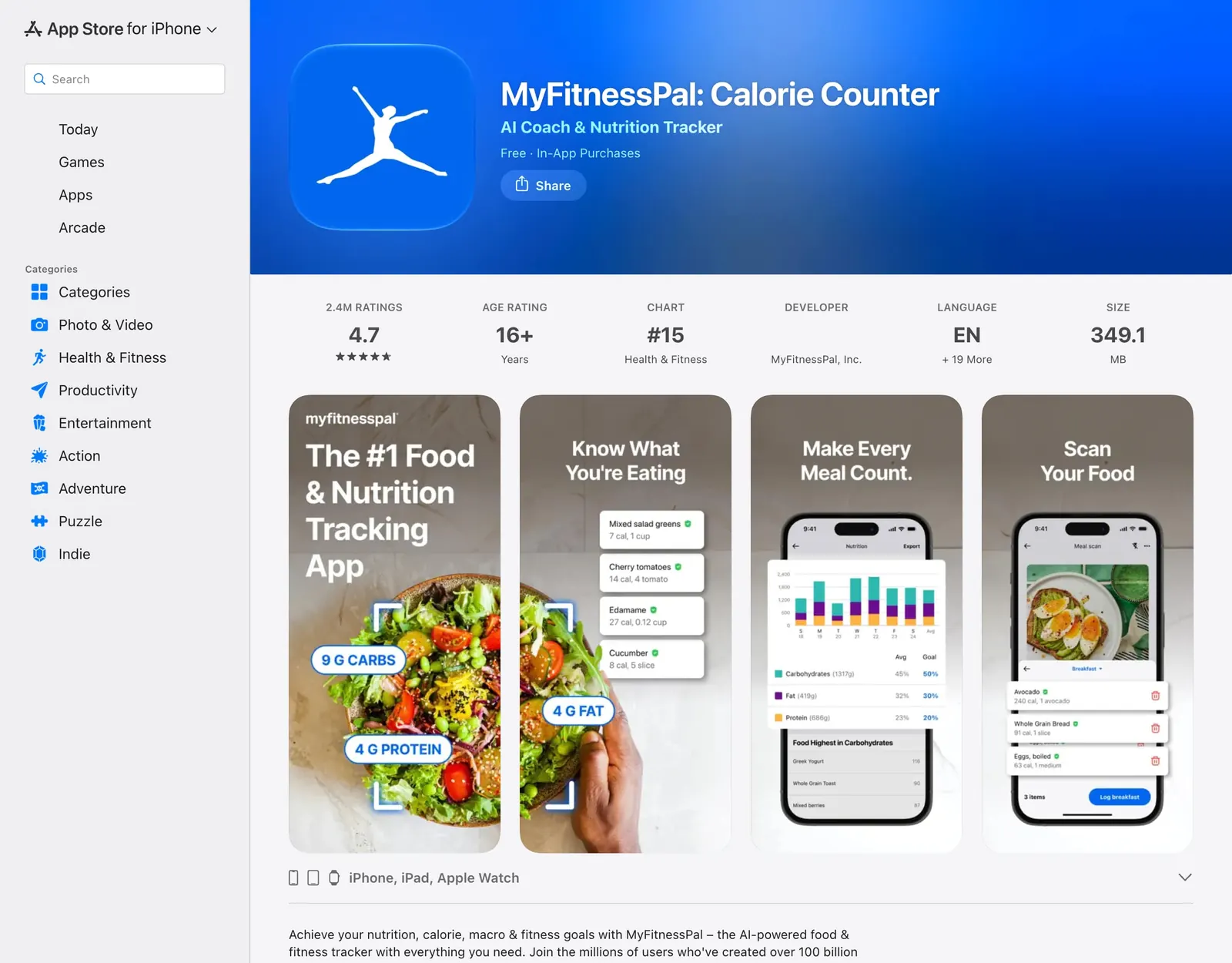 MyFitnessPal on the US App Store with 2.4M ratings averaging 4.7, and screenshots of food search results, nutrition charts and Meal Scan