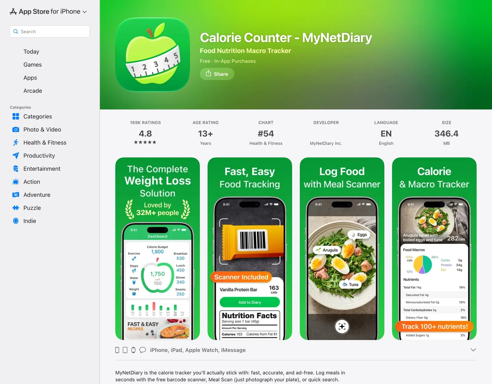 MyNetDiary on the US App Store with 169K ratings averaging 4.8, and screenshots of the dashboard, the included barcode scanner, Meal Scan and a nutrient breakdown
