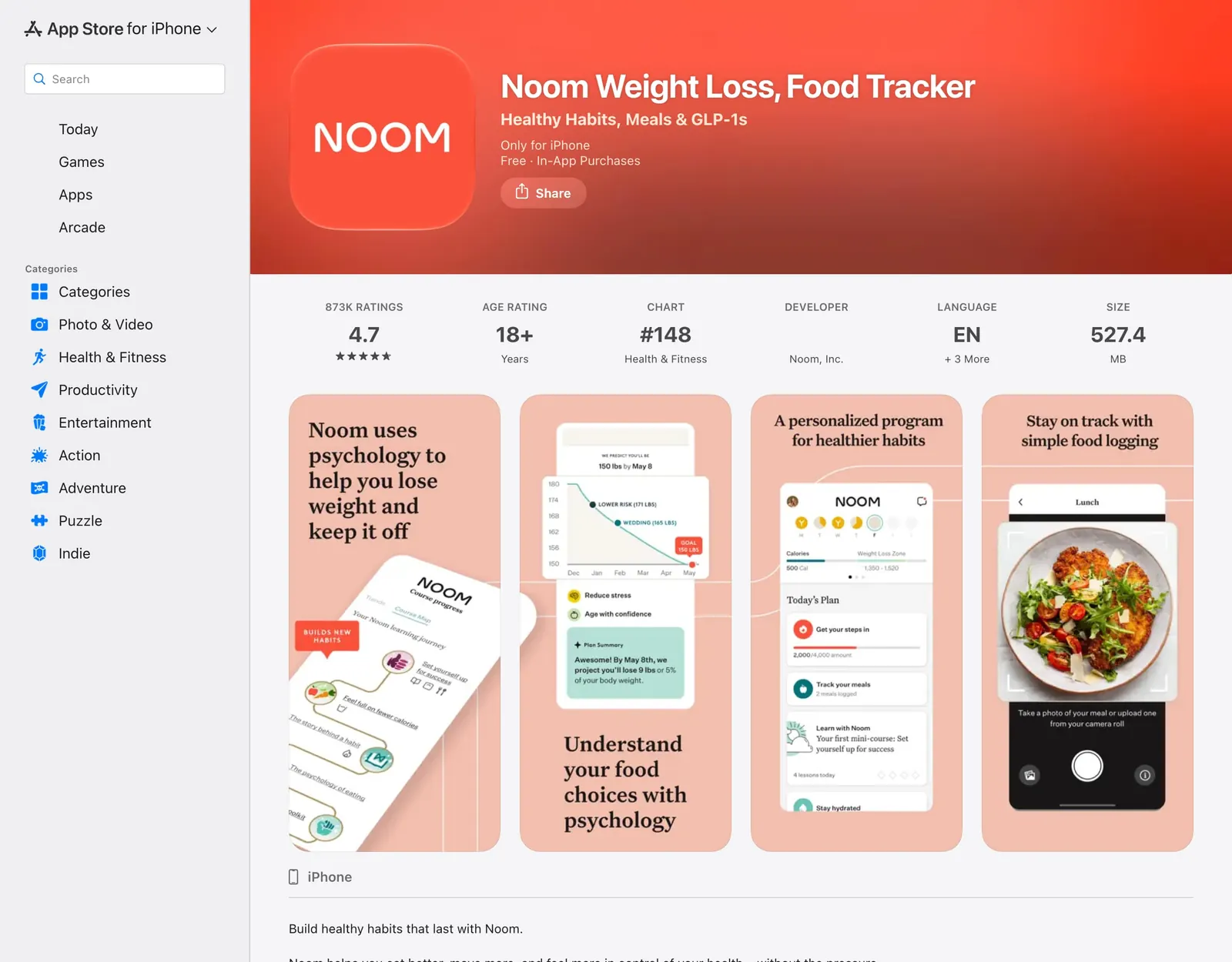 Noom on the App Store with 873K ratings averaging 4.7 and screenshots of psychology lessons, a weight forecast and photo meal logging