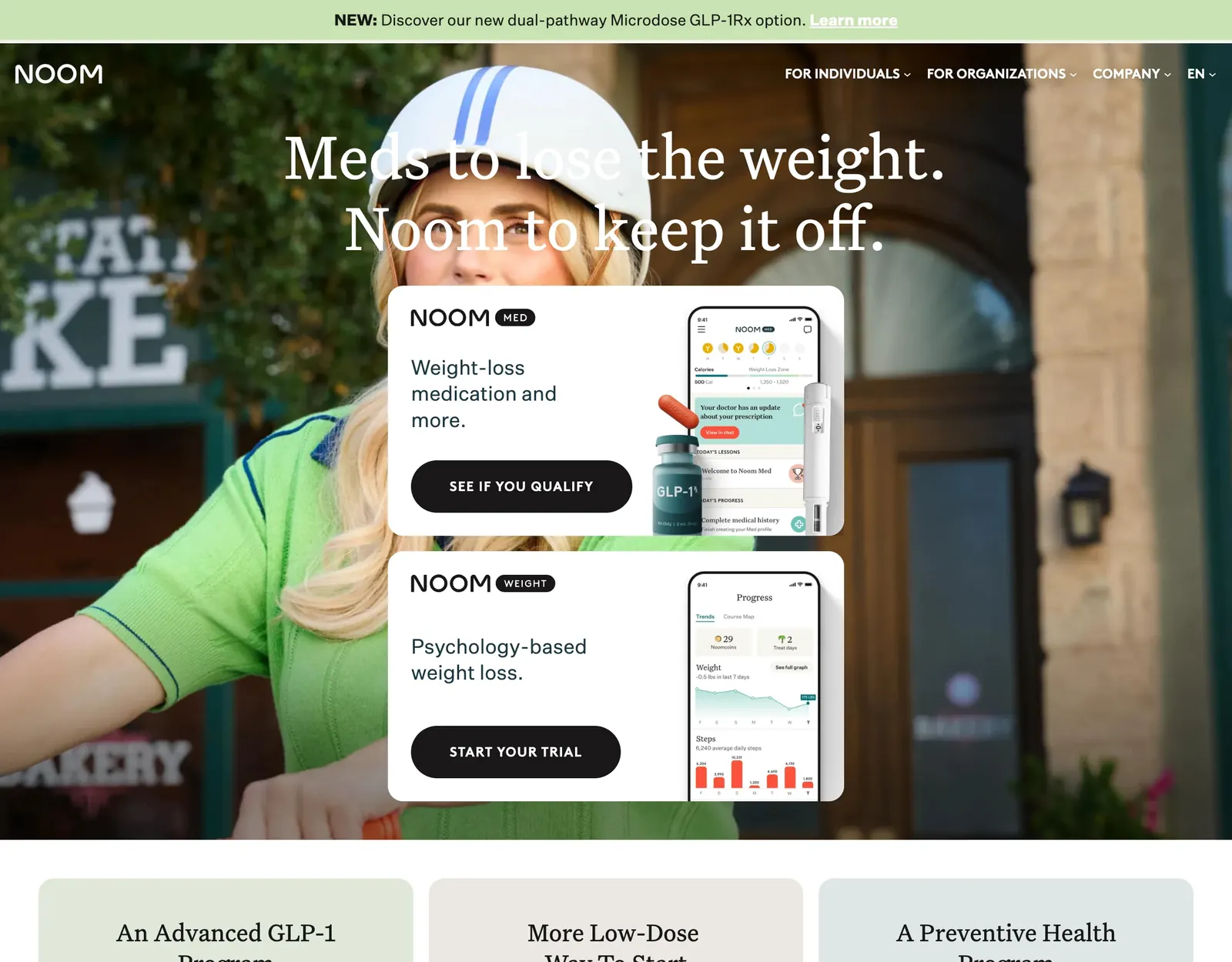 Noom homepage reading Meds to lose the weight, Noom to keep it off, with a Noom Med card to see if you qualify and a Noom Weight card to start a trial
