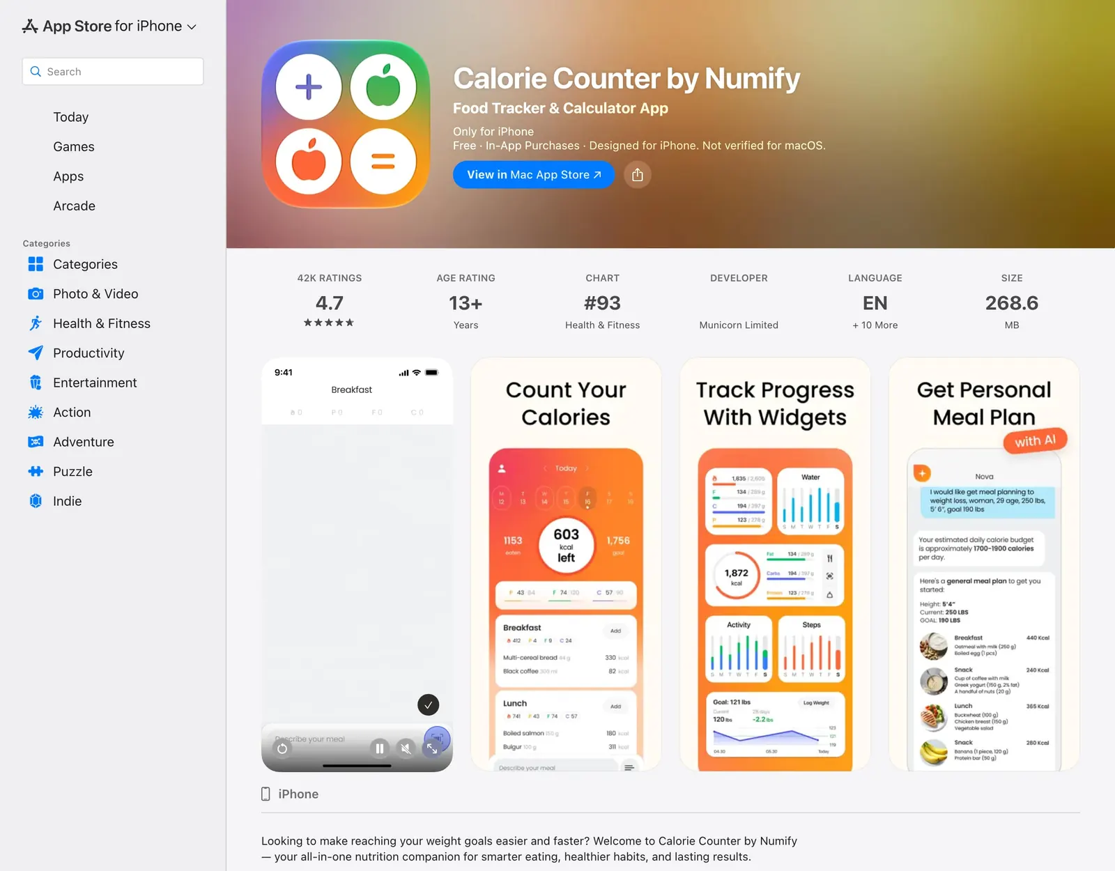 Calorie Counter by Numify App Store page showing 4.7 stars from 42K ratings, a Describe your meal input, a calorie dashboard, widgets and an AI meal plan chat