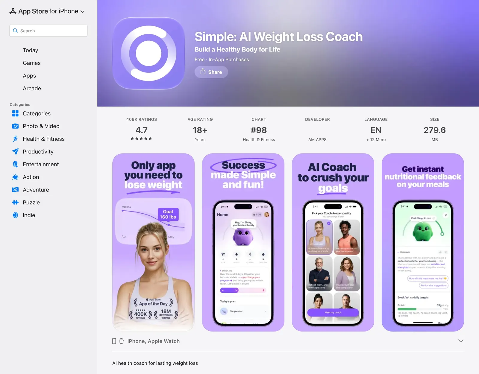 Simple AI Weight Loss Coach on the App Store with 409K ratings averaging 4.7 and screenshots of the Blinky home screen, choosing an Avo coach personality and meal feedback