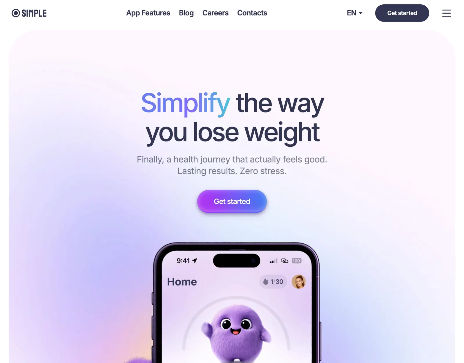Simple homepage reading Simplify the way you lose weight, with a Get started button and a phone showing the purple Blinky mascot on the Home screen