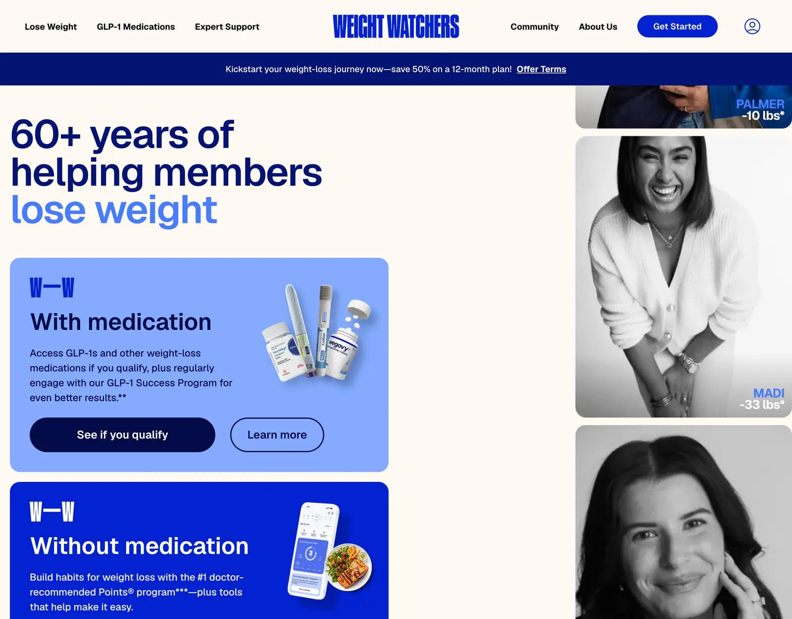 WeightWatchers homepage reading 60+ years of helping members lose weight, with a With medication card for GLP-1s and a Without medication card for the Points program