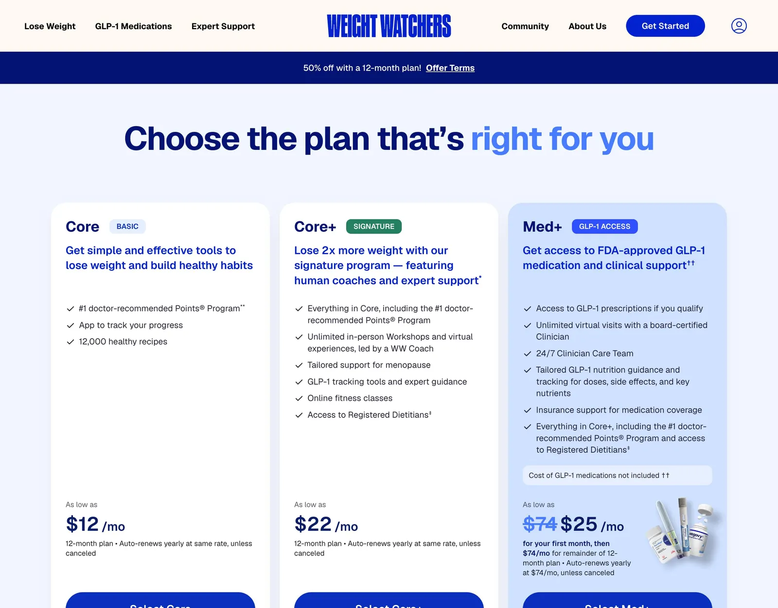 WeightWatchers plans page showing Core as low as $12 a month, Core+ as low as $22 a month and Med+ at $25 for the first month then $74 a month, each on a 12-month plan