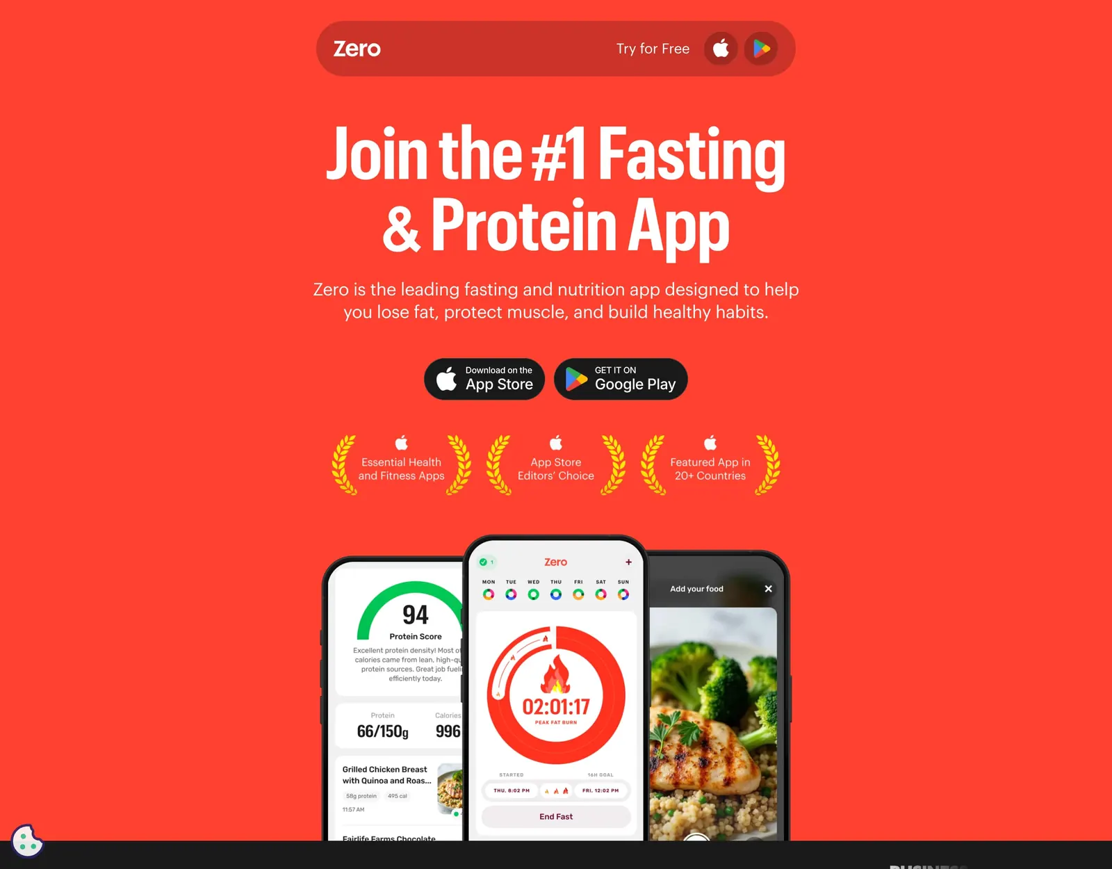 Zero homepage reading Join the #1 Fasting and Protein App, with phones showing a Protein Score, a fasting timer and a meal photo