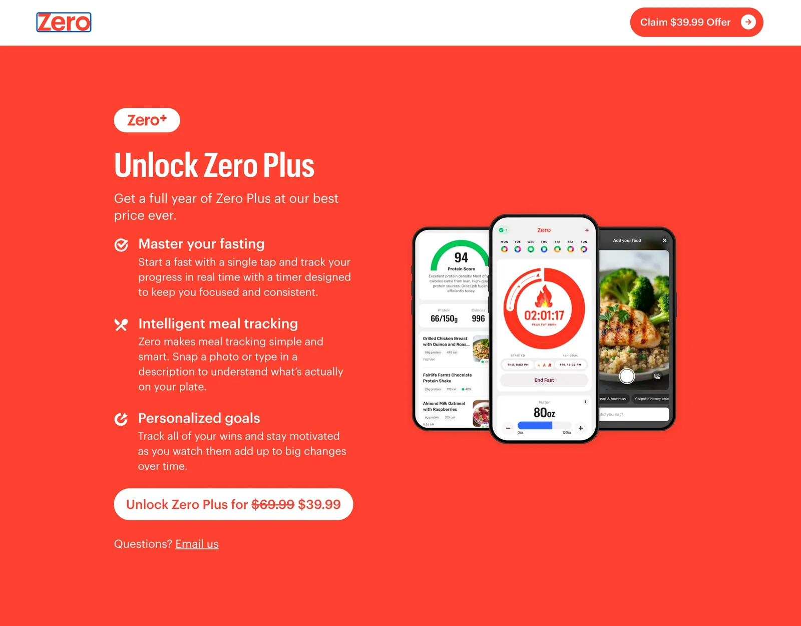 Zero Plus offer page with a button reading Unlock Zero Plus for $39.99, marked down from $69.99