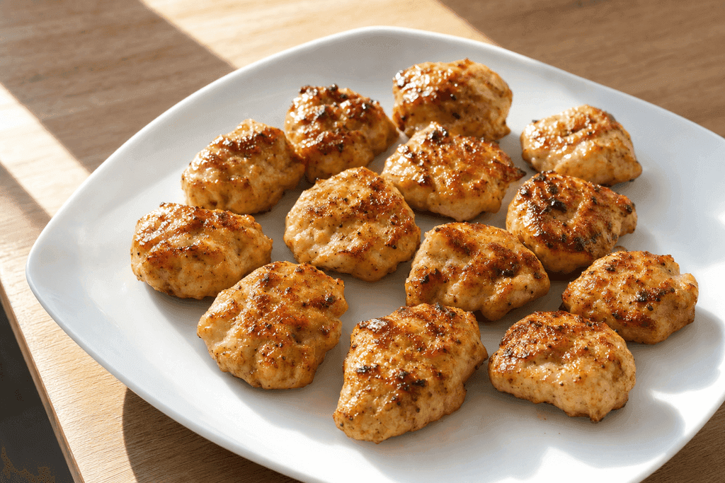 Photorealistic close-up of a neatly arranged serving of 12 juicy, glistening grilled chicken nuggets on a glossy white plate, set on a light wooden table with soft natural daylight streaming in from the side, creating gentle shadows for a refreshing and inviting atmosphere; no characters, text, or humans in the image.