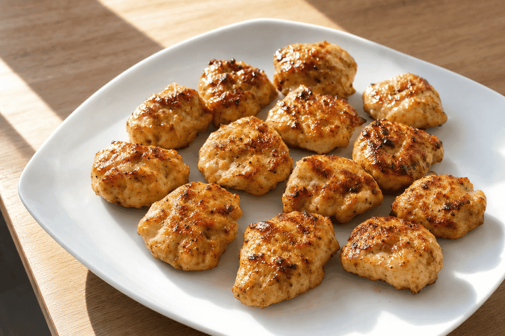 Photorealistic close-up of a neatly arranged serving of 12 juicy, glistening grilled chicken nuggets on a glossy white plate, set on a light wooden table with soft natural daylight streaming in from the side, creating gentle shadows for a refreshing and inviting atmosphere; no characters, text, or humans in the image.