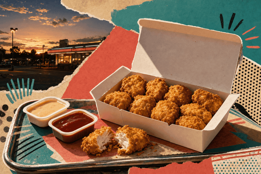 Editorial mixed-media collage of a Chick-fil-A-style dipping sauce and nugget pairing scene, centered on an open white clamshell takeout box holding exactly twelve golden-brown crispy chicken nuggets as the unmistakable focal subject, with two small sauce cups beside it—one creamy pale sauce and one glossy deep red sauce—one nugget broken open near the front edge to reveal a bright white juicy interior and craggy breading texture; viewed from a dramatic low side angle at table level instead of overhead, composed asymmetrically with the box slightly right of center and sauce cups staggered to the left, on a retro diner tray over a layered background of torn pastel paper, halftone dots, bold teal and warm coral colour blocks, and energetic hand-drawn accent lines; early evening fast-food mood with moody yet inviting golden side lighting, subtle shadows, appetizing sheen, lively editorial atmosphere, no characters, no humans, no text, no letters, no logos.