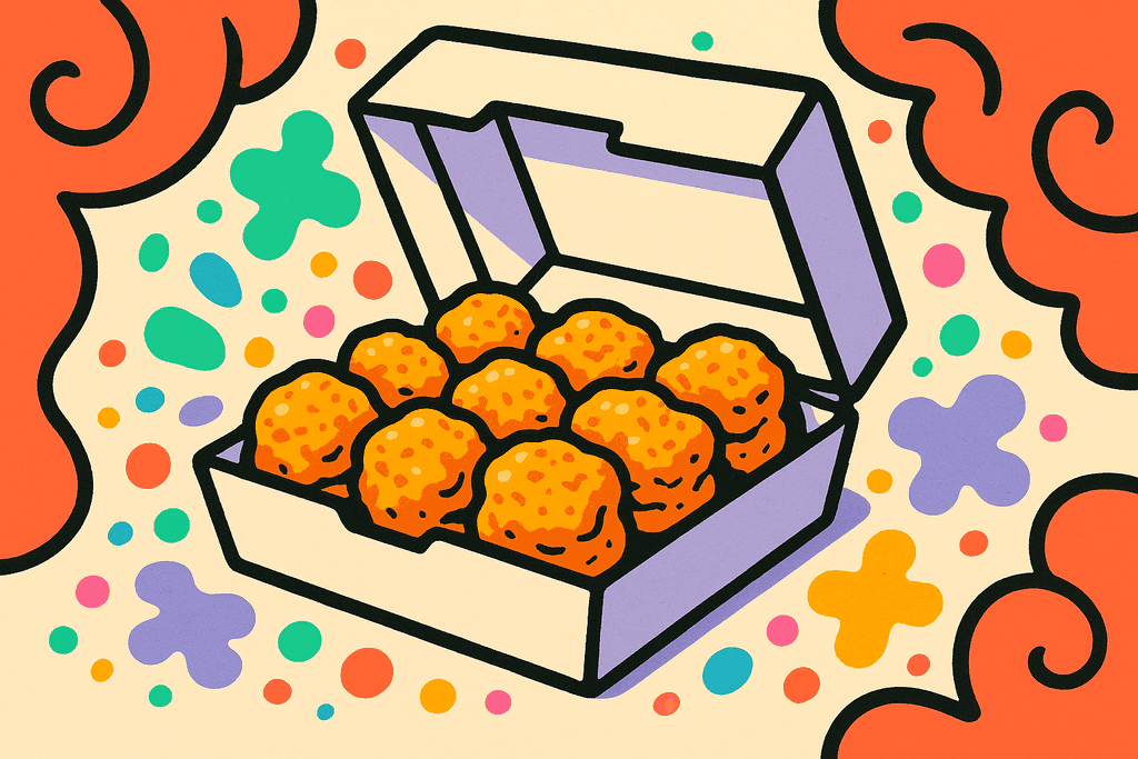 A vibrant, cartoon neo-brutalist illustration of a white nugget box opened to reveal exactly twelve golden, chunky chicken nuggets, each with crispy, textured surfaces, neatly arranged on a clean white card tray. The background is a warm cream (#FFFAF1) with oversized, swirling coral red (#FE665C) shapes framing the box for energy. Surround the tray with accent color splashes—mint green (#4ADA85) and lavender (#8B7BFF) blobs, with playful teal (#4ECDC4), pink (#F06292), and yellow-orange (#FFB347) spots. All elements outlined in thick, black chunky borders. No characters, humans, or text in the image. The mood is playful, inviting, and bold, evoking a sense of fun anticipation before a delicious meal.