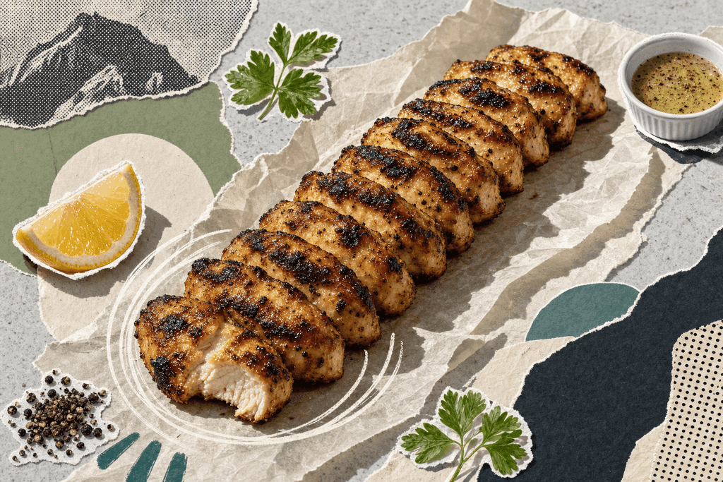 Editorial mixed-media collage of exactly twelve grilled Chick-fil-A-style chicken nuggets as the unmistakable central subject, arranged in a clean ascending diagonal line from lower left to upper right on a sheet of crinkled parchment paper, each nugget showing distinct dark char lines, caramelized edges, and juicy pale interior texture peeking through on one slightly torn piece near the front; viewed from a dramatic low macro three-quarter side angle to emphasize the grilled surface and count, set on a cool light stone countertop with layered torn paper shadows beneath. Surround the nuggets with a few small cut-out elements that suggest nutrition and protein without text: a neat scatter of coarse black pepper, a lemon wedge with glossy pulp, a tiny ramekin of smoky light herb marinade, and a few crisp green parsley leaves placed asymmetrically near the edges. Use cut-out photographic elements with rough scissor edges layered over desaturated cream, sage green, and charcoal torn paper blocks, halftone scraps in the corners, bold off-white and muted teal flat shapes, subtle hand-drawn circular swoops around the front nuggets, visible glue-stick texture and paper grain. Create a fresh, energizing early-morning meal-prep atmosphere with crisp directional light, soft cool shadows, and a clean high-protein editorial mood. No characters, no humans, no hands, no readable text.