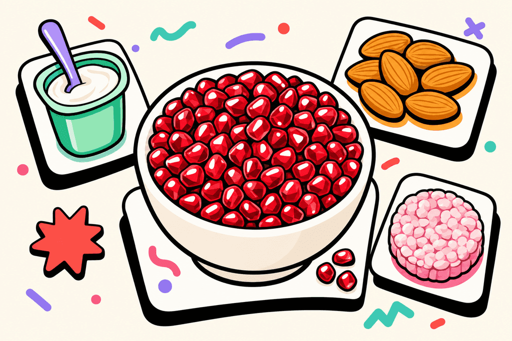A vibrant, overhead view of a chunky white cartoon bowl overflowing with glossy, jewel-like pomegranate arils, flanked by small cartoon snack items like a mint green yogurt cup, a warm yellow-orange almond cluster, and a pink rice cake—all arranged on a warm cream background. Each snack sits on a playful white rounded card, thick black offset borders separating items. Sprinkles and accents in coral red, lavender, and teal add energy, while soft, deliberate drop shadows and bold rounded shapes create a cozy, inviting mood. No text, characters, or humans. Style: Cartoon Neo-Brutalism.