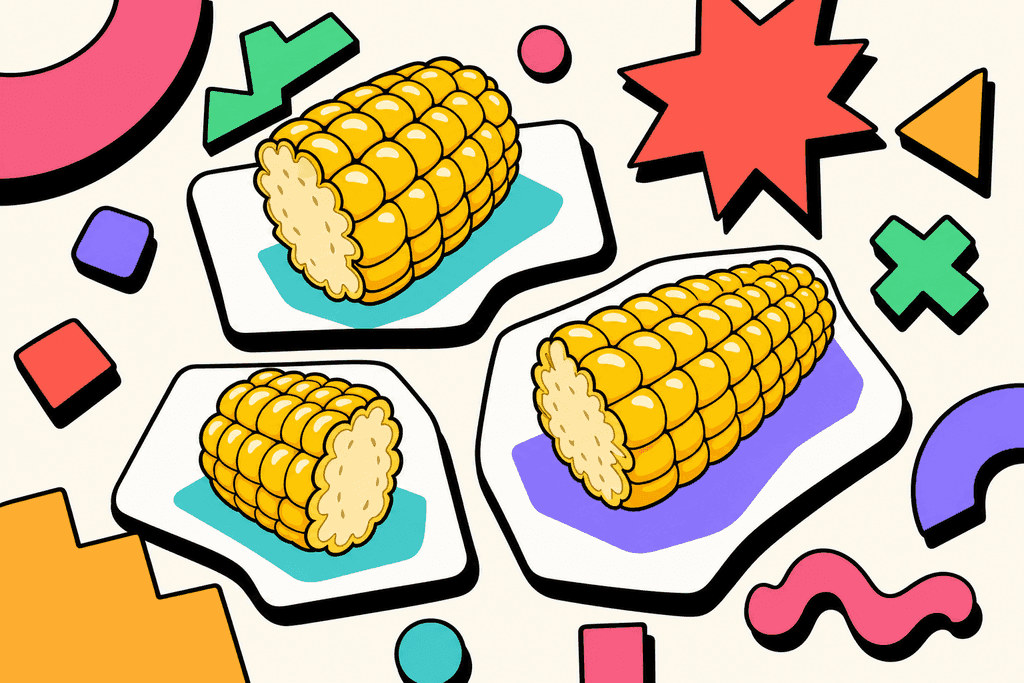 A single, oversized cartoon corn cob sliced into three chunky, mismatched pieces, each piece resting on a bold white card surface. The pieces are arranged in an imbalanced triangle on a warm cream background (#FFFAF1), casting exaggerated, playful teal (#4ECDC4) and lavender (#8B7BFF) shadows. Surrounding the corn are abstract, geometric shapes in coral red (#FE665C), mint green (#4ADA85), warm yellow-orange (#FFB347), and pink (#F06292), floating and overlapping with thick black (#000000) chunky offset borders, creating a dynamic, curious mood that hints at confusion or mistakes. No characters, text, or humans in the image.