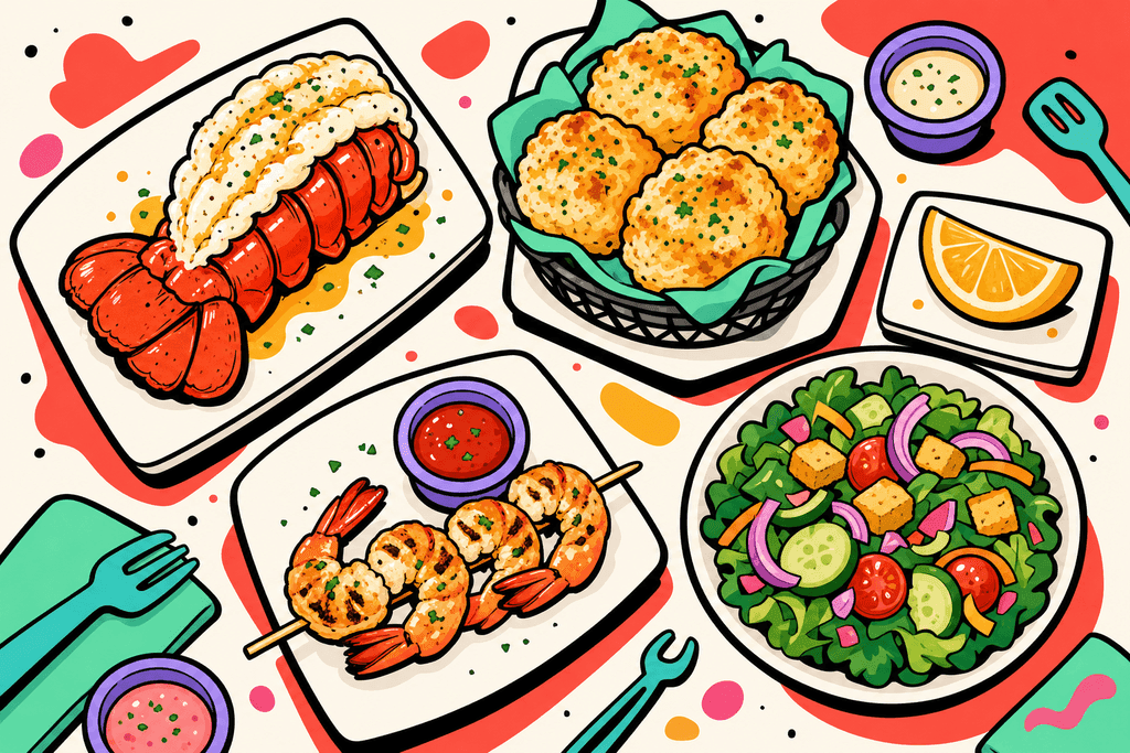 A whimsical cartoon neo-brutalist overhead scene featuring five playful, oversized seafood items—a lobster tail, grilled shrimp skewer, basket of cheddar bay biscuits, a lemon wedge, and a vibrant garden salad—artfully arranged on chunky, white card-shaped plates, each outlined with thick black borders. The background is a warm cream (#FFFAF1) with bold, blocky coral red (#FE665C) table accents, mint green napkins, lavender purple dipping bowls, and playful teal utensil shapes scattered around. Accent splashes of warm yellow-orange and pink highlight the food, all rendered in flat, bold, playful colors. The scene is inviting and cozy, capturing the surprising variety of Red Lobster’s menu, with chunky, rounded forms and a lively, cheerful mood—no characters, text, or humans present.