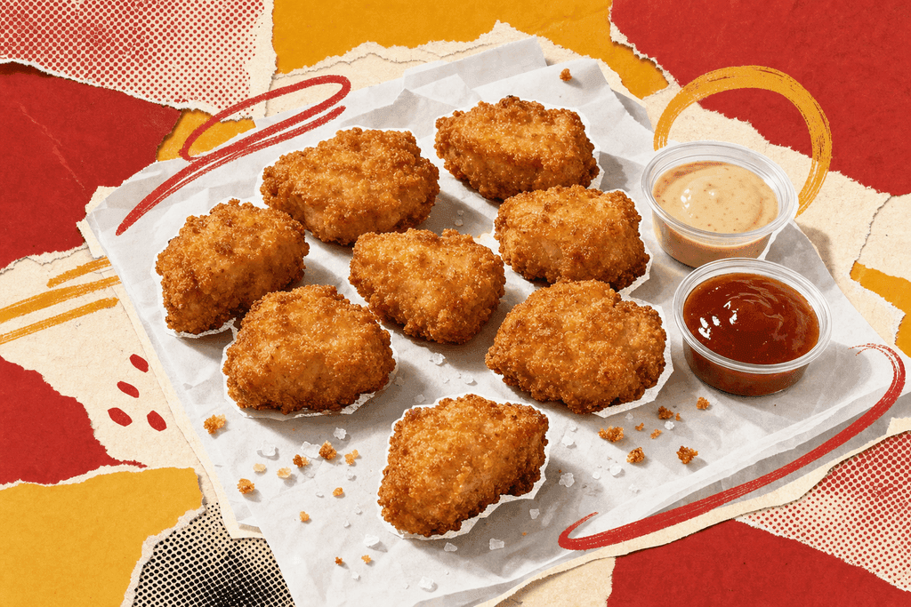 Editorial mixed-media collage of exactly eight golden-brown Chick-fil-A-style chicken nuggets as the clear central subject, arranged in a precise loose circle with one nugget slightly separated in the foreground to emphasize the count, viewed from a dramatic close three-quarter top-down angle on a clean white paper fast-food tray liner. Include two small clear sauce cups off to one side as secondary elements only: one creamy pale dipping sauce and one glossy reddish-brown sauce, both with subtle reflections. Add a few realistic coarse salt flakes and tiny crispy crumb fragments scattered sparingly around the nuggets for texture. Build the scene with cut-out photographic elements with rough scissor edges layered over torn paper, halftone scraps, bold flat colour blocks in warm honey yellow, deep red, and soft cream, plus energetic hand-drawn swooshes and circles framing the nuggets. Use visible glue-stick texture, paper grain, and a playful editorial magazine layout. The atmosphere should feel bright, appetizing, modern, and upbeat with a clean lunchtime fast-food mood, soft directional lighting, gentle shadows, and a fresh warm colour palette. No characters, no humans, no hands, no mascots, no readable text.