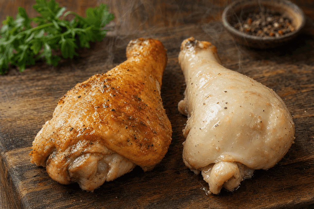 Photorealistic close-up of two baked chicken legs side by side on a rustic wooden cutting board—one with golden, crispy skin and one perfectly skinless, both steaming gently. Natural warm lighting highlights the textures and juiciness of the chicken. In the background, soft focus on simple kitchen elements like a sprig of parsley and a small bowl of spices, evoking a cozy, inviting home-cooked atmosphere. No characters, text, or humans in the image.