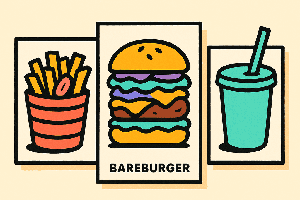 A whimsical cartoon neo-brutalist spread of Bareburger food items arranged on bold white cards—think a neatly stacked burger, overflowing with layered ingredients, a bright coral red basket of fries, and a vivid mint green smoothie cup. Each food item pops with playful, chunky black offset borders, surrounded by a warm cream background (#FFFAF1). The burger features accent layers in lavender purple, teal, and warm yellow-orange cheeses and toppings, with a splash of pink pickles on the fries. The overall atmosphere is lively, inviting, and fun, with all elements rendered in thick, rounded shapes and flat, vibrant colors. No characters, text, or humans in the image.