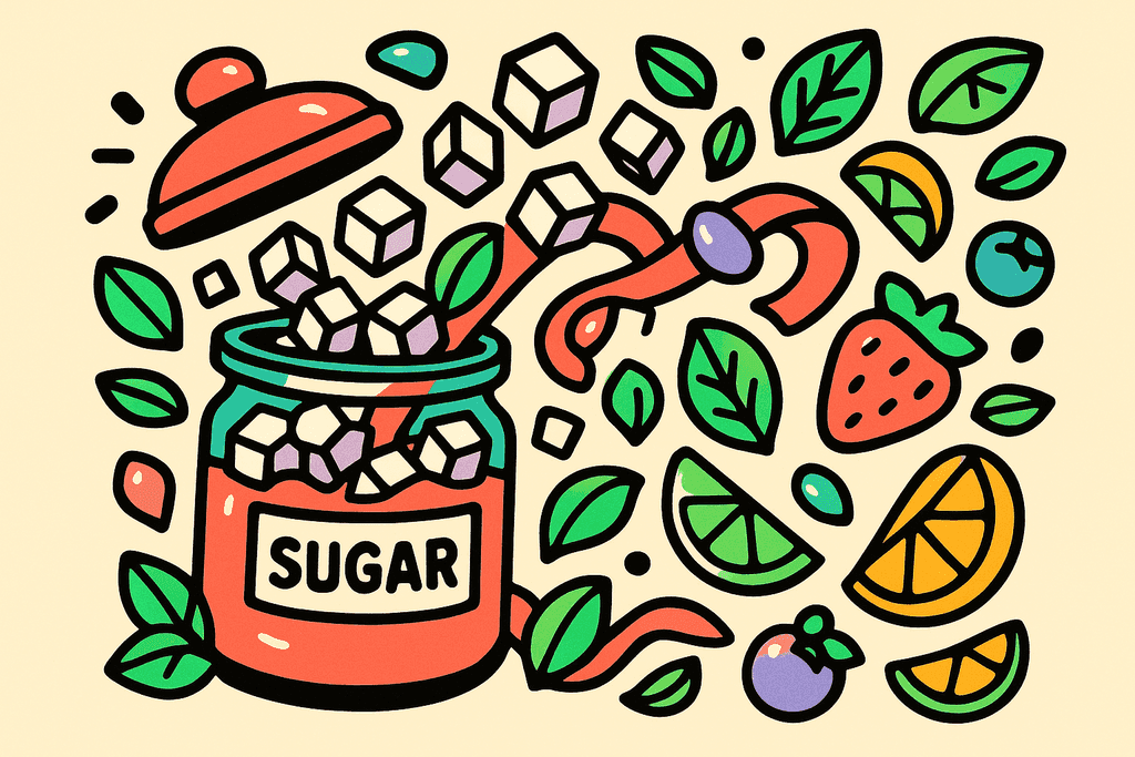A vibrant cartoon neo-brutalist illustration of an overflowing glass sugar jar, lid popping off, surrounded by playful swirling ribbons of sugar cubes and glossy hard candies tumbling away, all gently transforming into fresh mint leaves and ripe fruit slices (lime, orange, strawberry, blueberry) as they cascade. The scene radiates a cheerful, uplifting, and liberating mood. Use a warm cream background (#FFFAF1), coral red as the primary color (#FE665C), thick black chunky borders and accents (#000000), and incorporate white card-like surfaces for the jar and candies. Add pops of mint green (#4ADA85), lavender purple (#8B7BFF), teal (#4ECDC4), warm yellow-orange (#FFB347), and pink (#F06292). Everything has bold, flat colors, thick offset borders, and rounded forms—no text, characters, or humans.