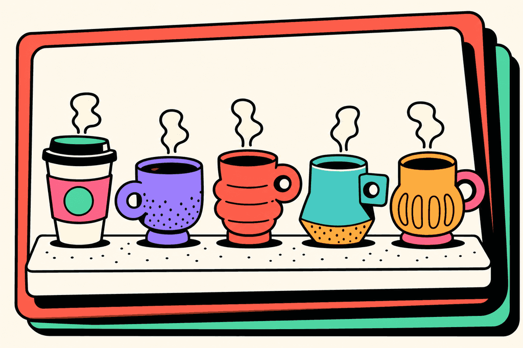 A playful, neo-brutalist cartoon scene of five different distinctively shaped and colored coffee cups (paper and ceramic) arranged in a row on a white card surface, each cup steaming and stylized in chunky, flat colors with exaggerated, rounded forms. Cups feature accents in mint green, lavender purple, coral red, teal, yellow-orange, and pink, outlined with bold black borders. The background is a warm cream (#FFFAF1) with thick, shadowed offset borders giving a layered, card-like effect. The scene radiates a warm, inviting morning café mood. No characters, text, or humans in the image.