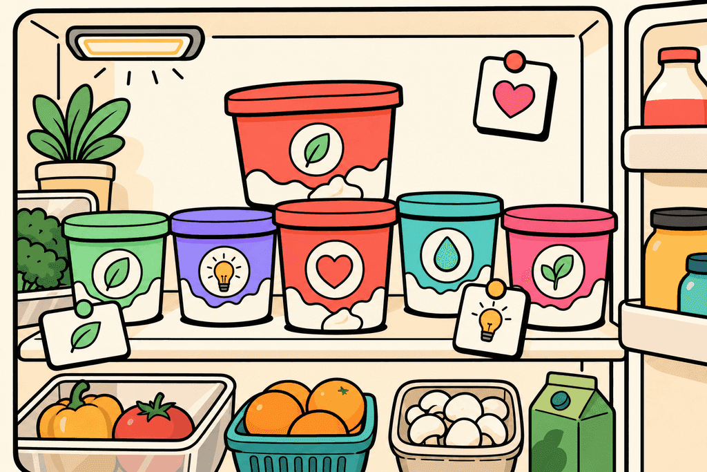 A whimsical cartoon scene of a refrigerator shelf filled with various low-calorie sour cream alternatives in playful, rounded containers—each lid a different accent color (mint green, lavender purple, teal, warm yellow-orange, pink) and chunky black borders. The shelf sits in front of a warm cream background, with prominent coral red containers as the focal point. White card-like surfaces display simple low-calorie icons (like a leaf, a light bulb, a heart) but without any text or numbers. The atmosphere is cheerful, optimistic, and tidy, evoking smart budget choices at home. No characters, text, or humans are present. Thick black offset borders outline all objects, enhancing the bold, playful, neo-brutalist cartoon style.
